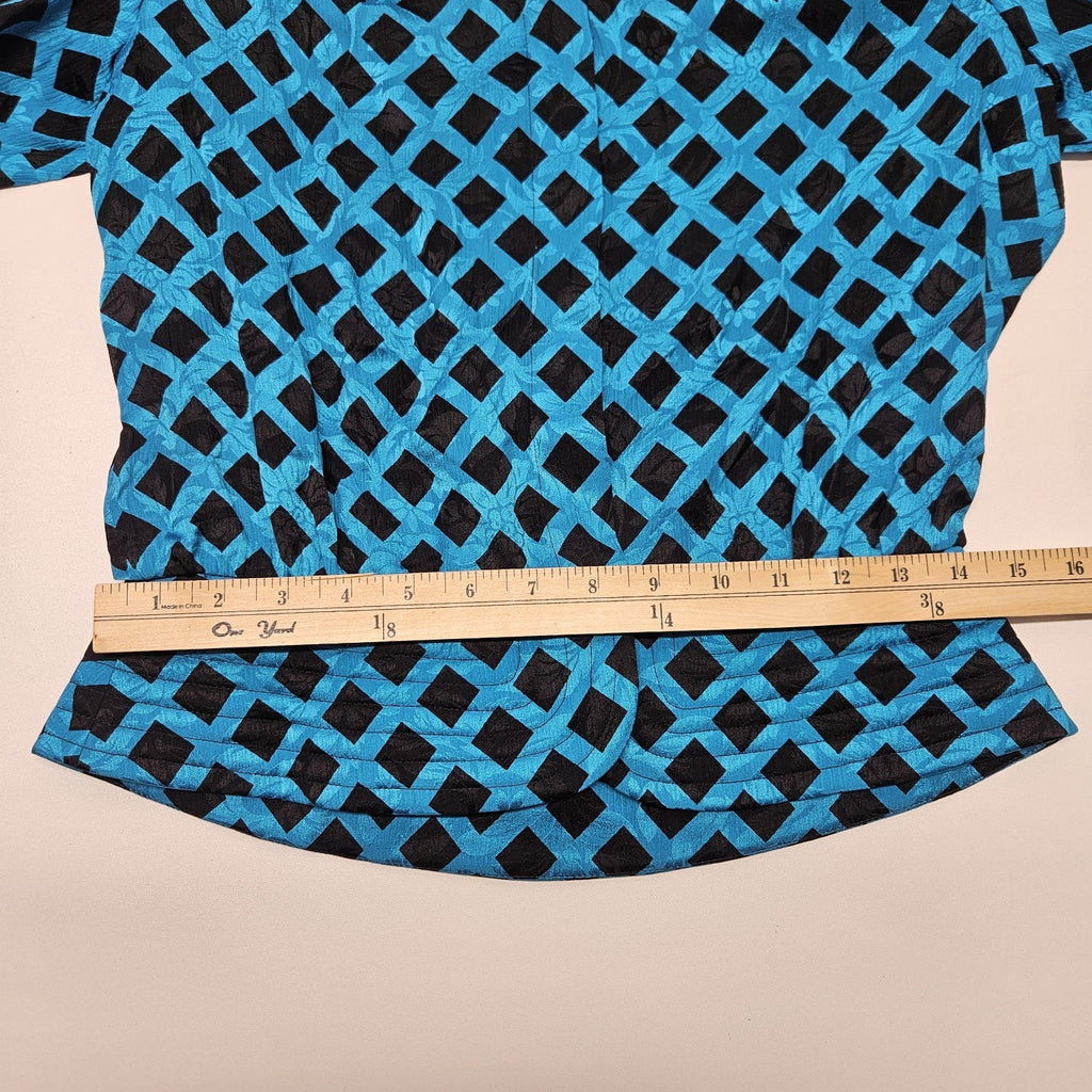 NWT Vtg 80s 100% Silk Jacquard Puff Sleeve Check Top w Scarf Blue Black Sz 10