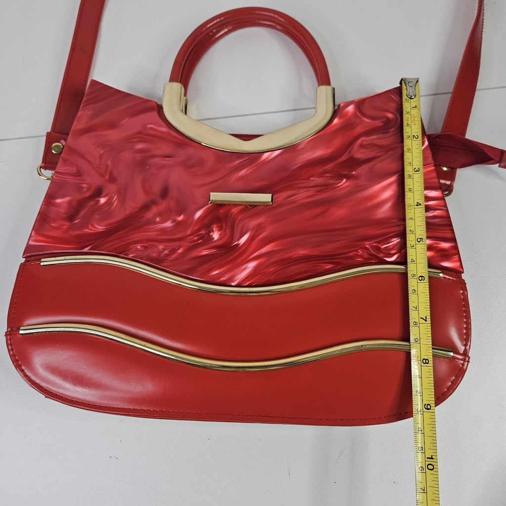 Retro Inspired Glossy Statement Handbag Red Gold Accents Acrylic Shoulder Purse