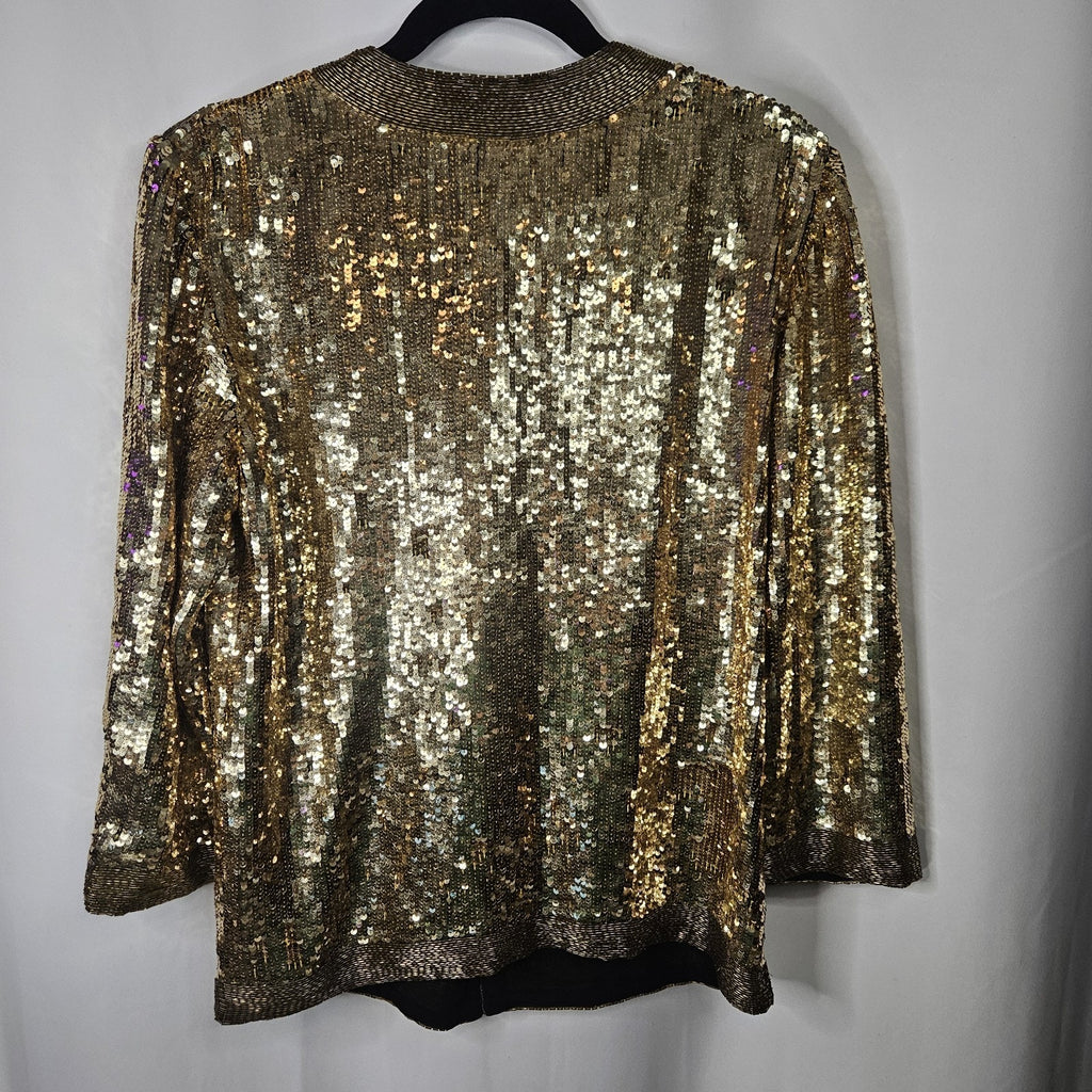 Vtg 80s Silk Gold Sequin Beaded Blazer Disco Glam Women Evening Jacket Festival