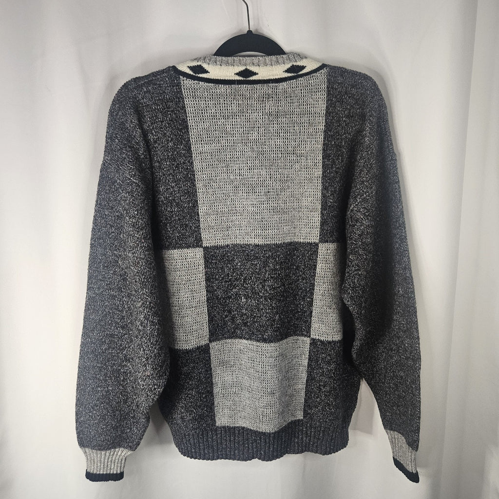 Vintage 80s London Fog Gray Acrylic Alpaca Vneck Sweater Mens TXL USA Geometric