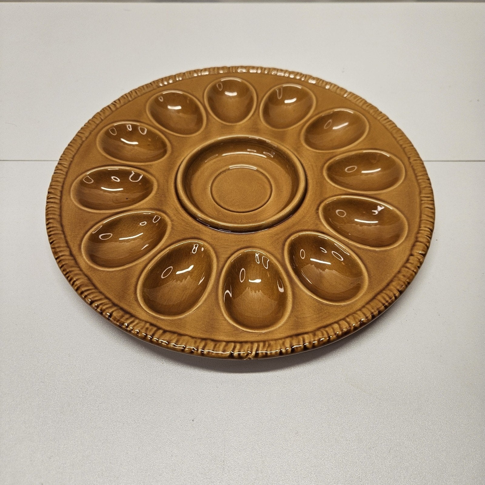 Vintage Retro Glazed Pottery Hazel Brown Deviled Egg Serving Platter
