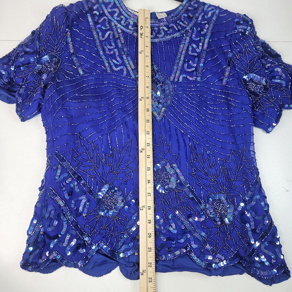 Sequin Beaded Silk Top 90s Vintage Royal Blue Blouse Gatsby Glam Party Large