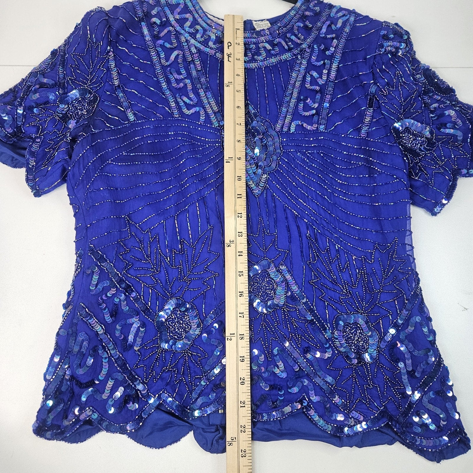 Sequin Beaded Silk Top 90s Vintage Royal Blue Blouse Gatsby Glam Party Large