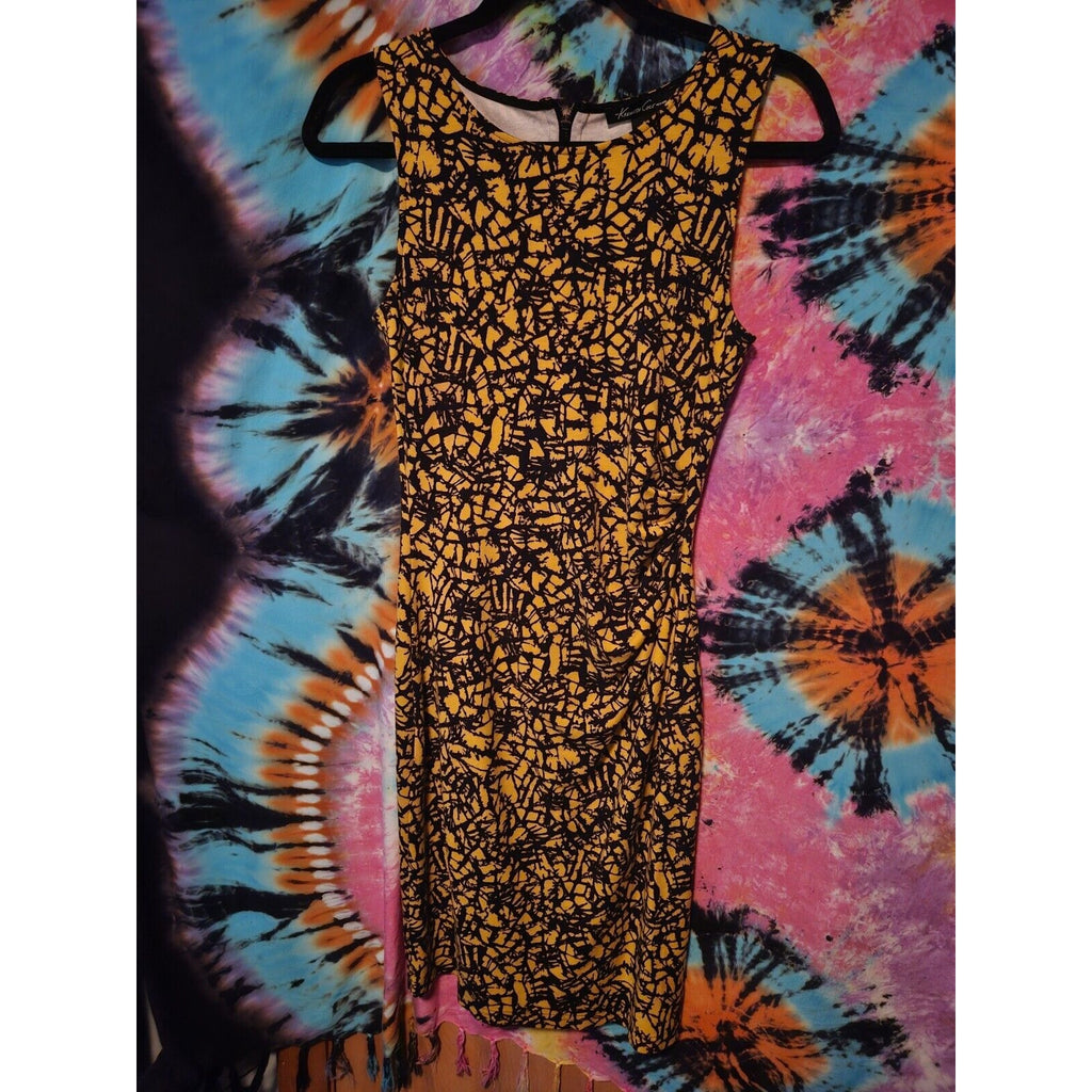 Vintage Kenneth Cole Body Con Zipper Ruched Dress Yellow & Black Abstract Print Size 4