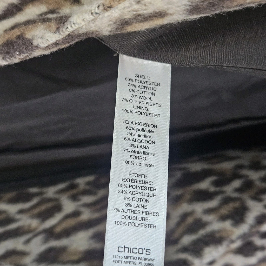 Chicos Fierce Womens Faux Fur Emma Jacket 2 Large Leopard Brown Tan Cheetah Coat