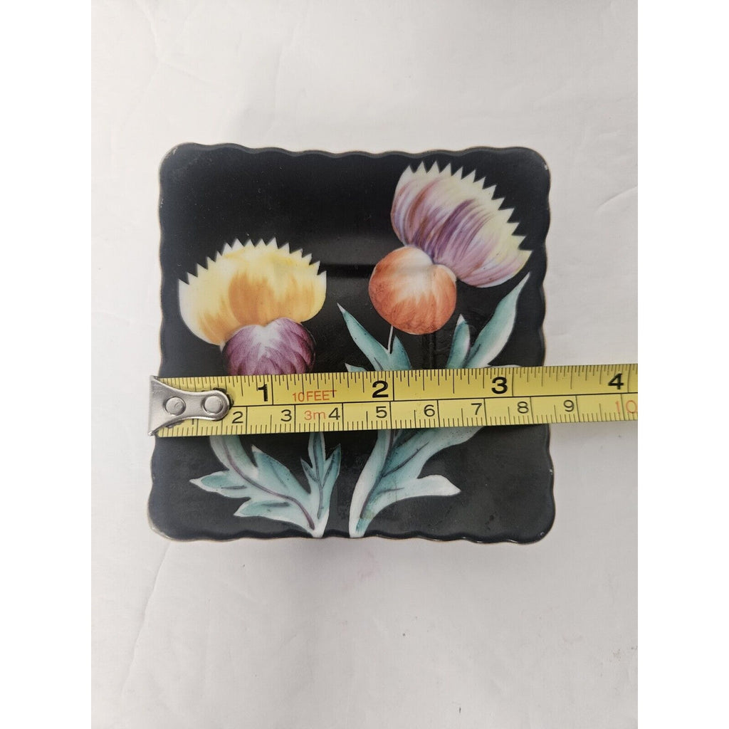 Vintage 3.5” SAJI Porcelain Trinket Dish Plate Occupied Japan Floral Black Pink