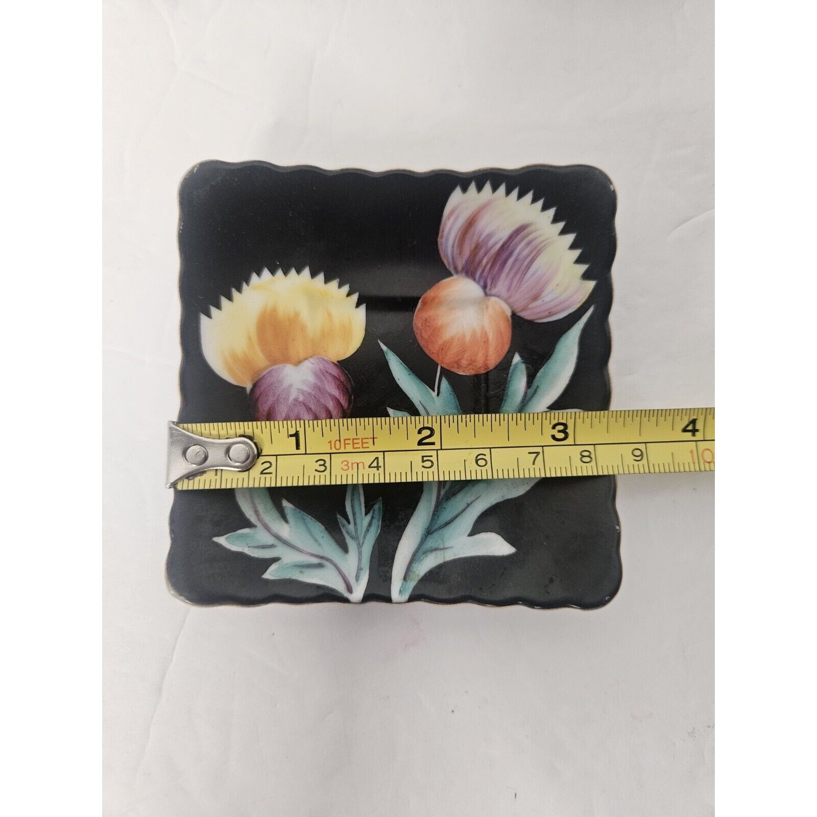Vintage 3.5” SAJI Porcelain Trinket Dish Plate Occupied Japan Floral Black Pink