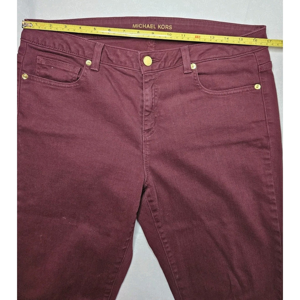 Michael Kors Skinny Jeans Women's Size 10 Burgundy Mid Rise Gold Buttons Accents