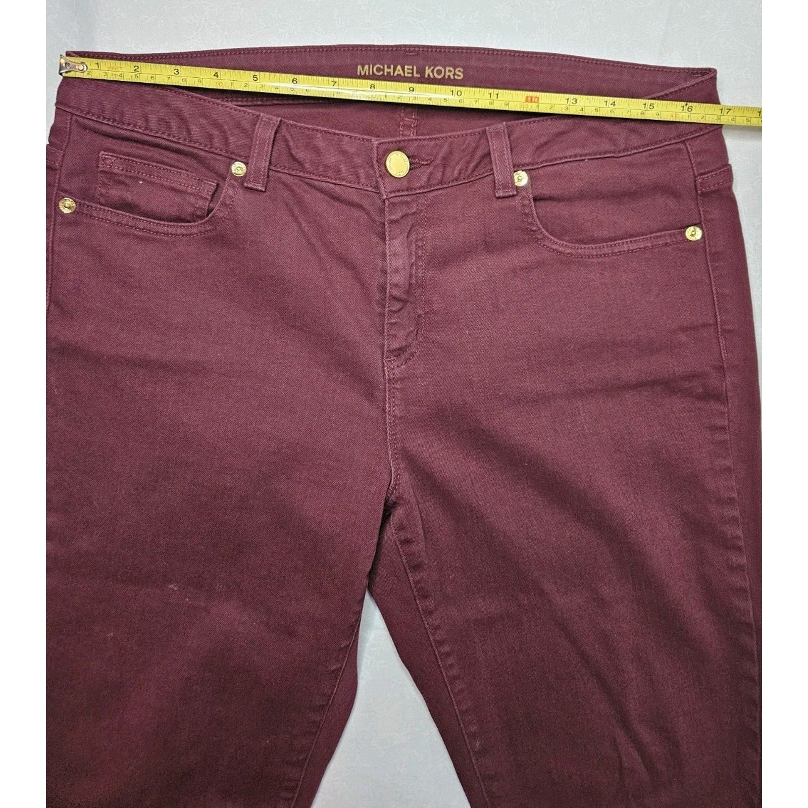 Michael Kors Skinny Jeans Women's Size 10 Burgundy Mid Rise Gold Buttons Accents