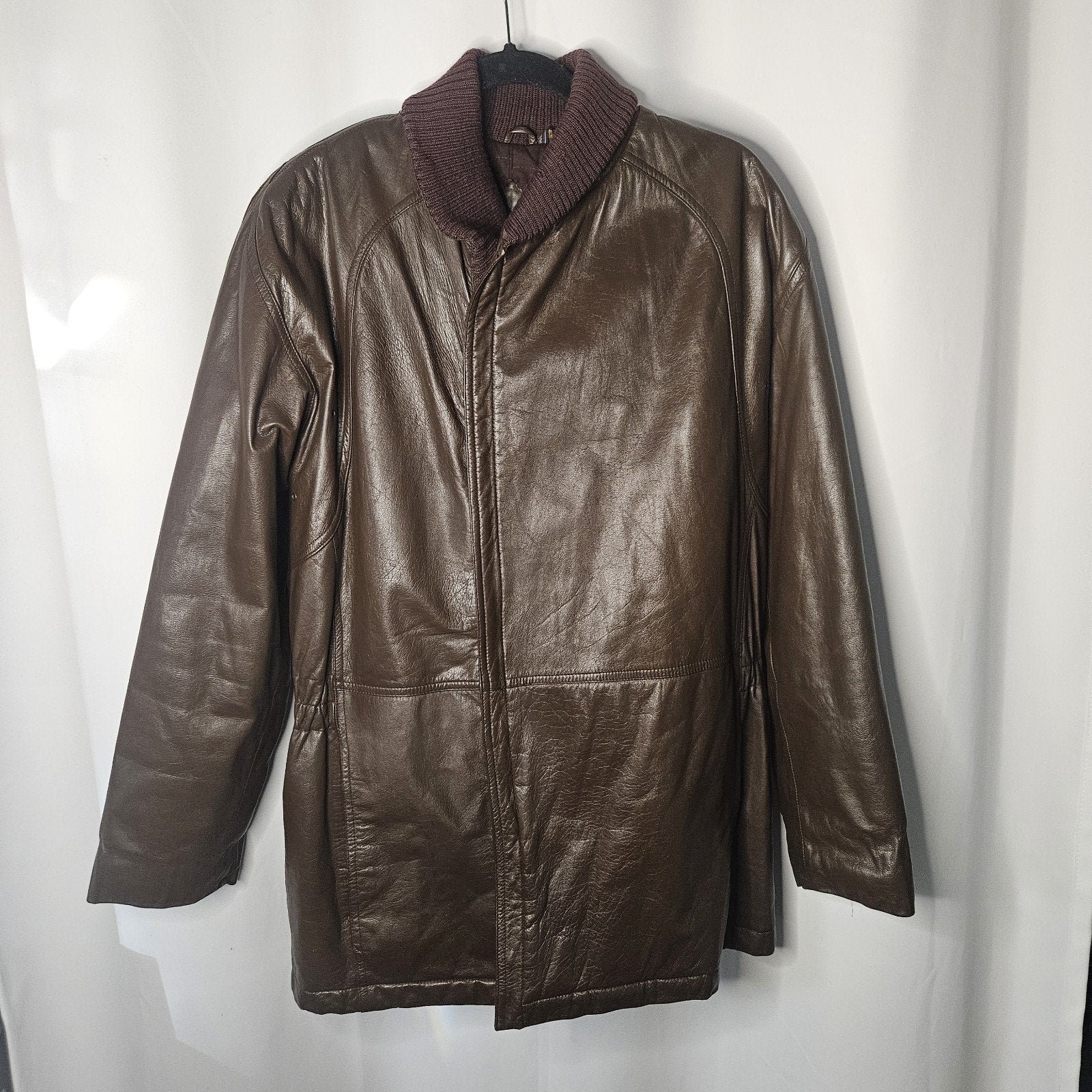 Nino Cerruti Sport Brown Leather Parka Brown Sz Large Asymmetrical Collared Vtg