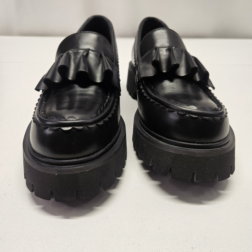 Koi Willow Ruffle Slip On Loafers Vegan Leather Black Sz 8 NWOT Box Goth Grunge
