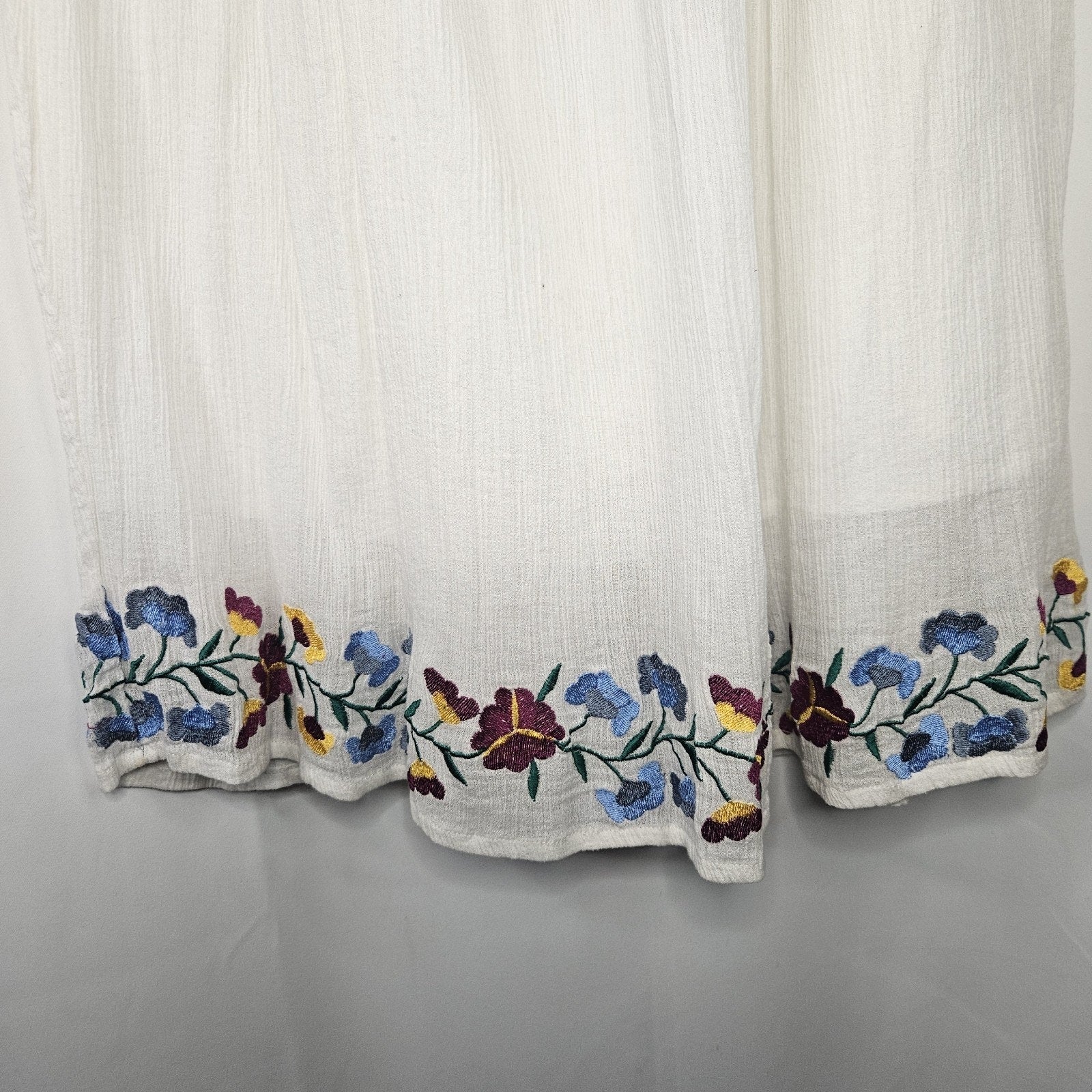 Antthony Mexicali Embroidered Floral Cotton Gauze Box Pleat Skirt White Medium