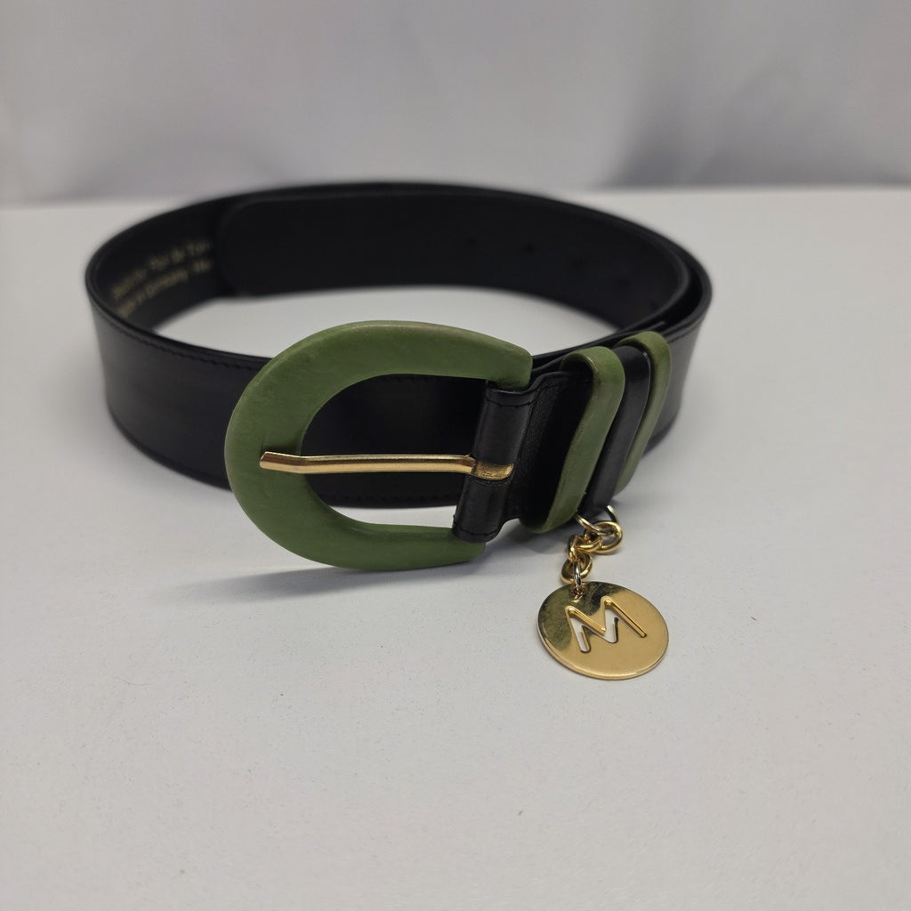 VTG Mondi Astor Rindleder Black Leather Belt Green Buckle Gold Charm Sz 38 Mod