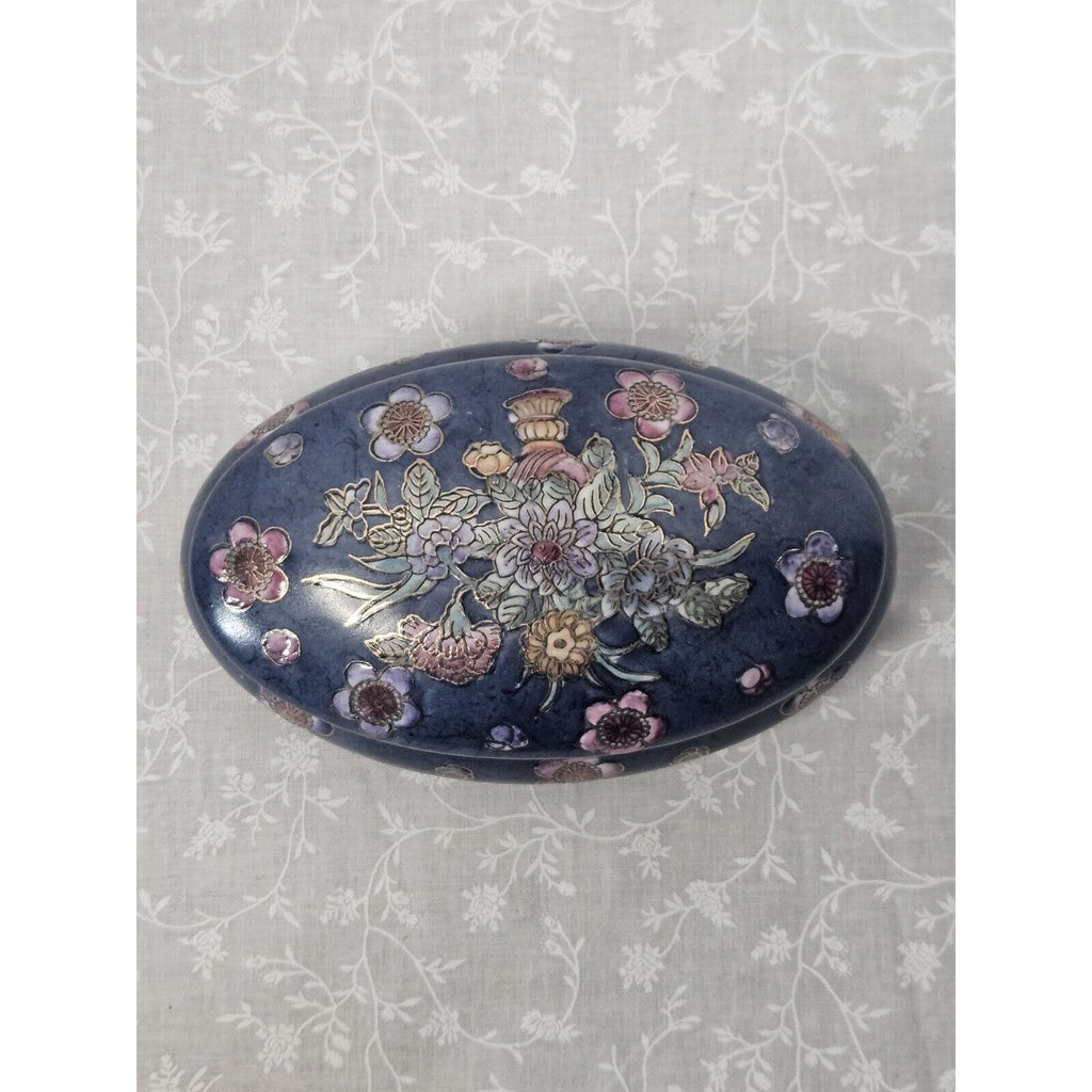 Vintage Toyo Like Trinket Dish with Lid Chinese Hand Painted Floral 2-Piece 6"
