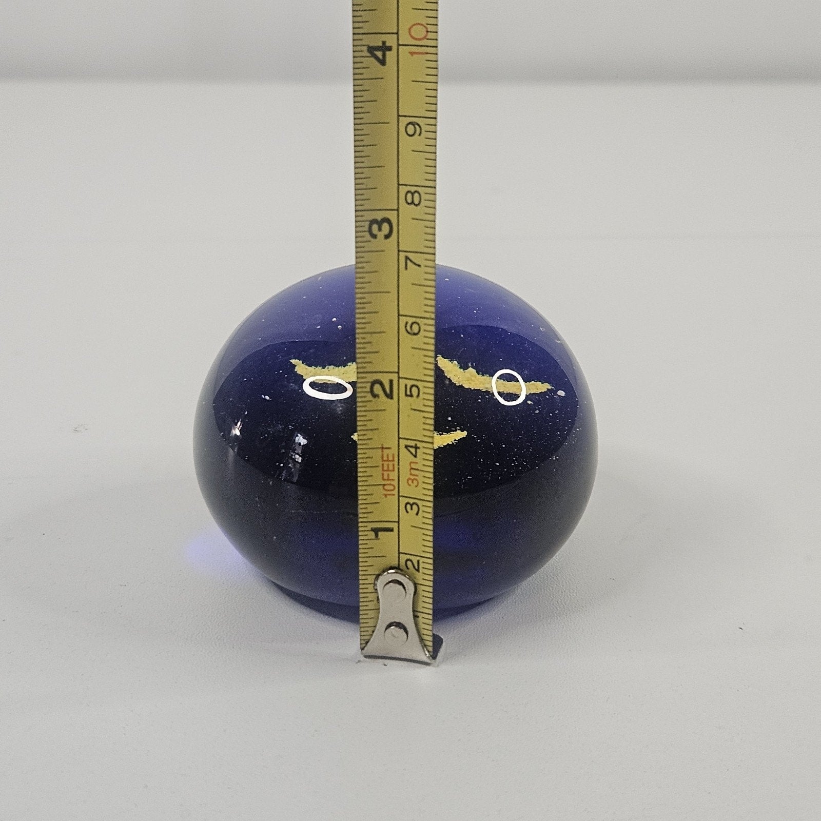 Vintage Mid-Century Yellow Blue Clear Bubbles Elliptic Sphere Face Paperweight