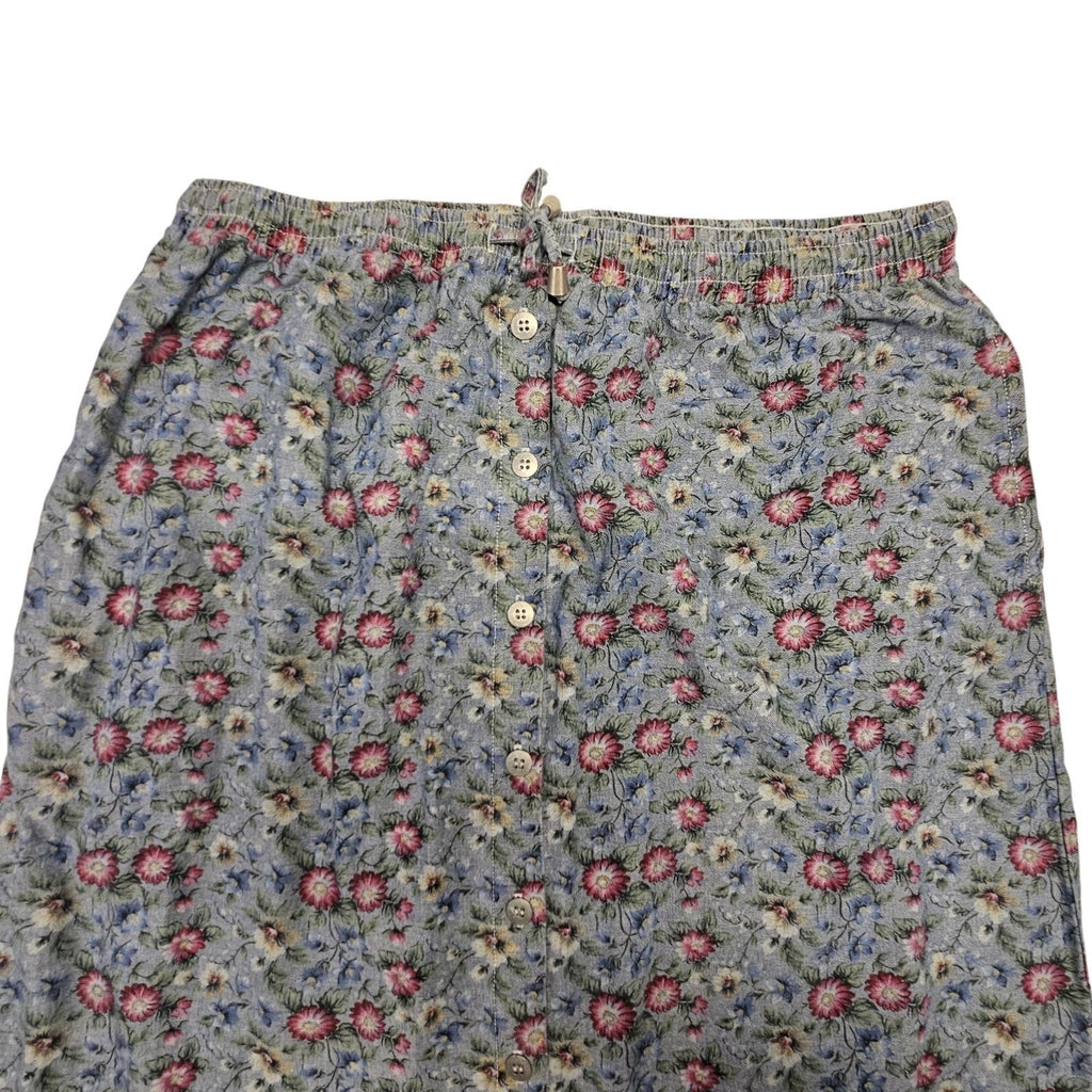 Vtg Y2K Denim Floral 100% Cotton Button Front XL Midi Skirt Pockets New Look