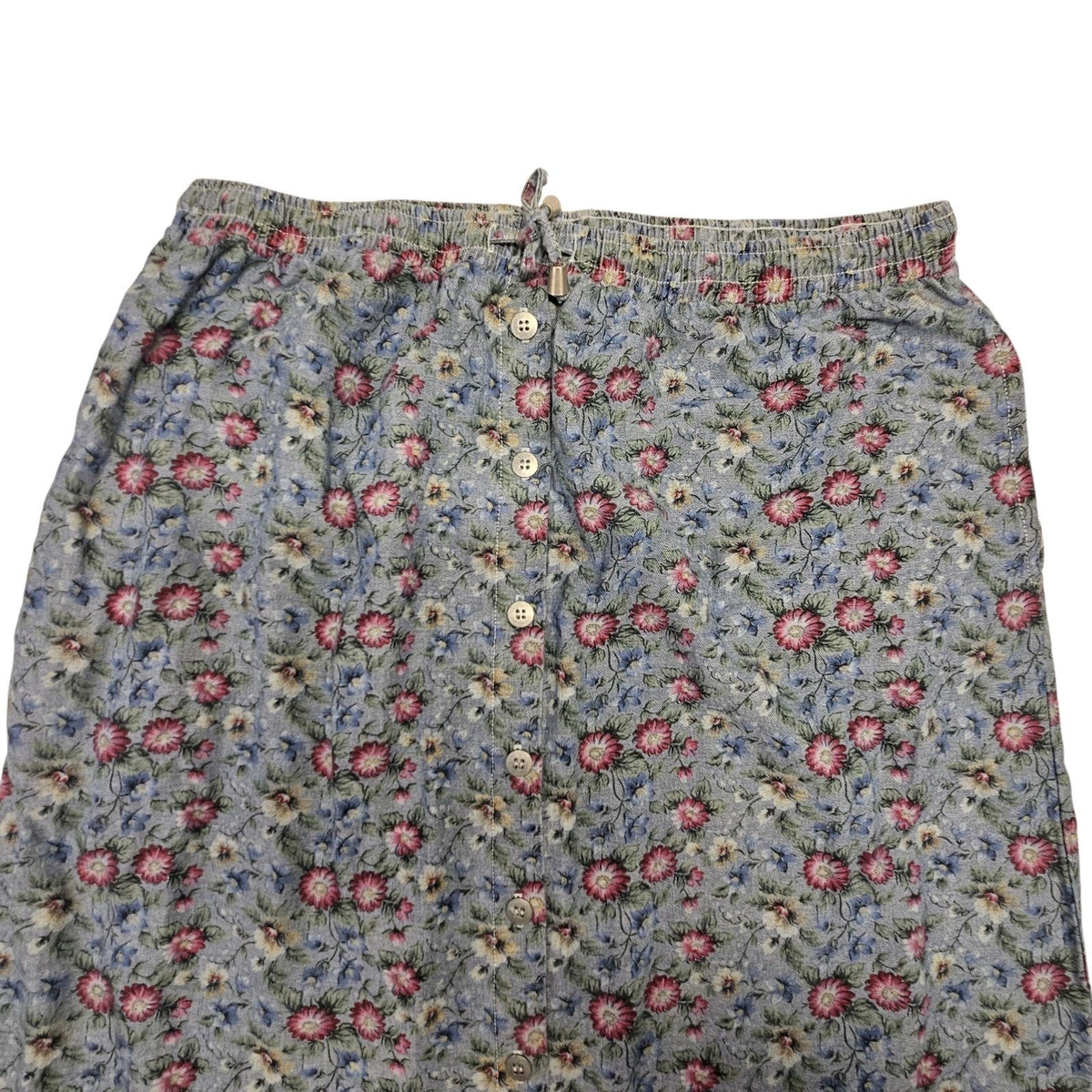 Vtg Y2K Denim Floral 100% Cotton Button Front XL Midi Skirt Pockets New Look