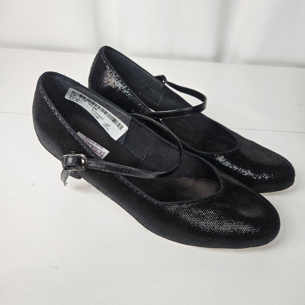 Vintage 90s Black Leather Glitter Mary Jane Round Toe Formal Dress Shoe 10.5 W