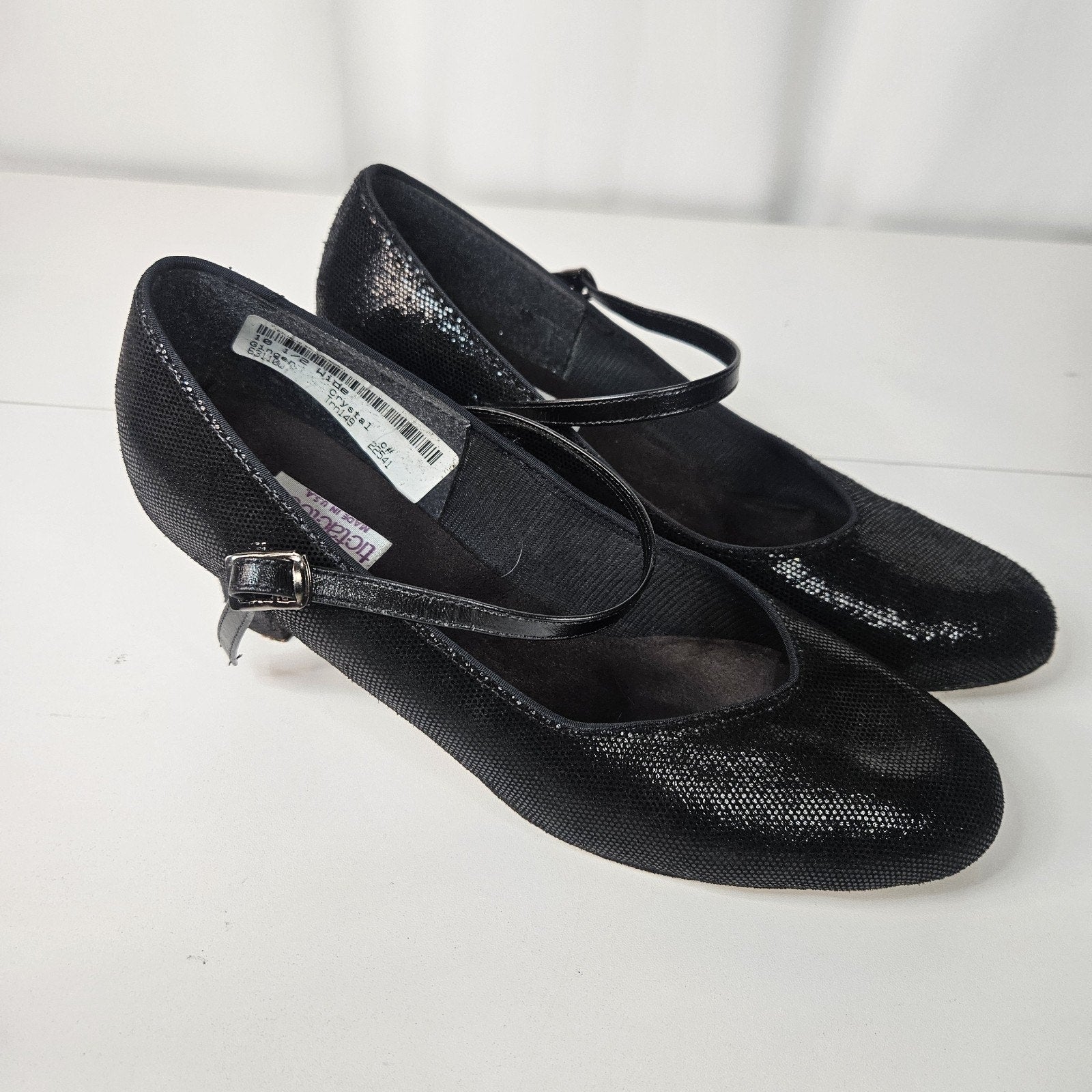 Vintage 90s Black Leather Glitter Mary Jane Round Toe Formal Dress Shoe 10.5 W