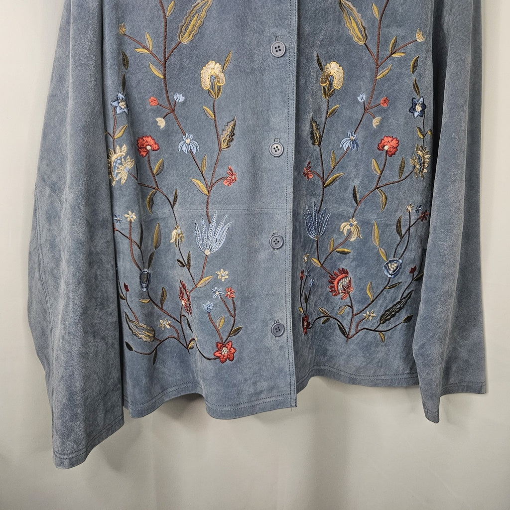 Jessica Holbrook Jacket Womens 1X Blue Suede Leather Floral Embroidered Artsy