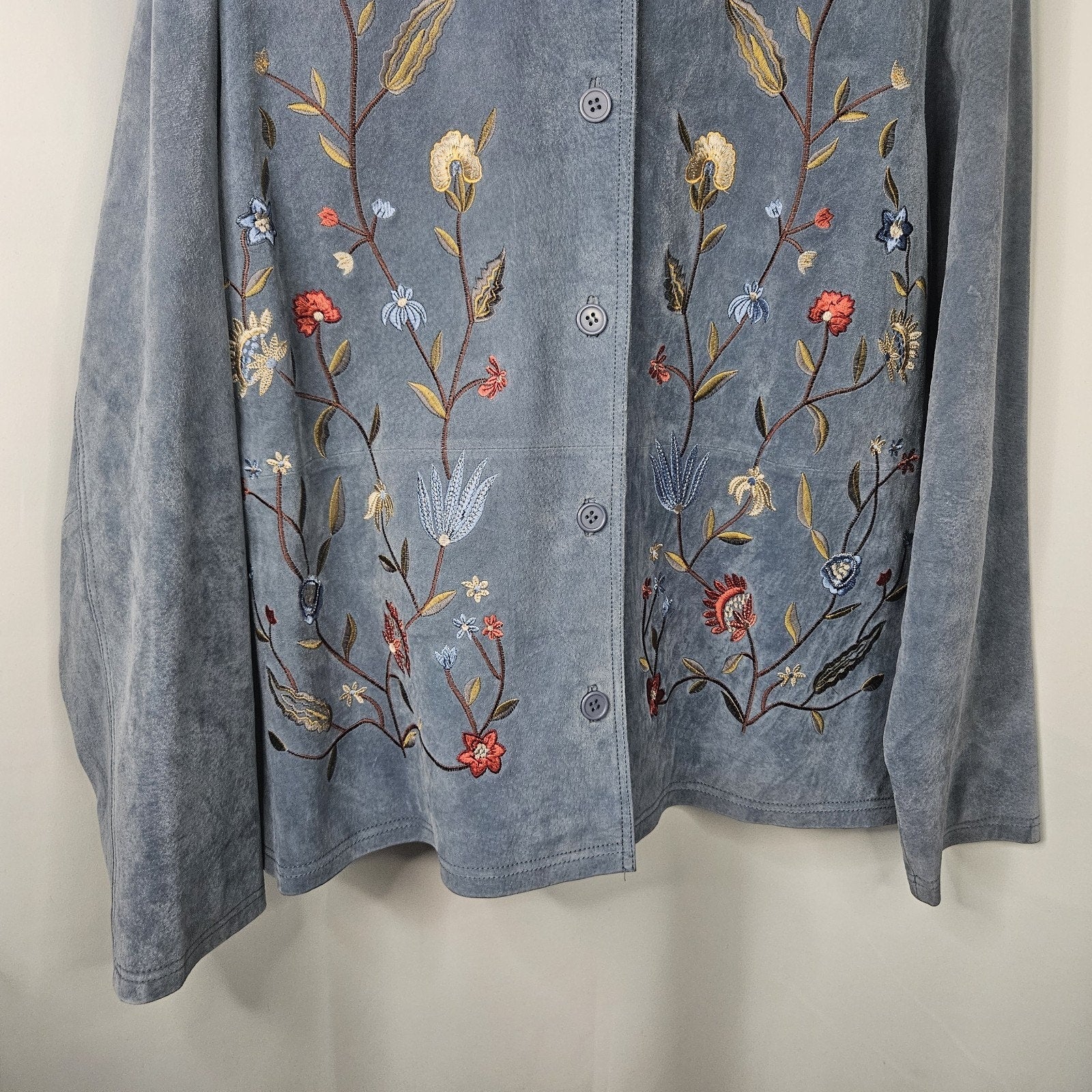 Jessica Holbrook Jacket Womens 1X Blue Suede Leather Floral Embroidered Artsy