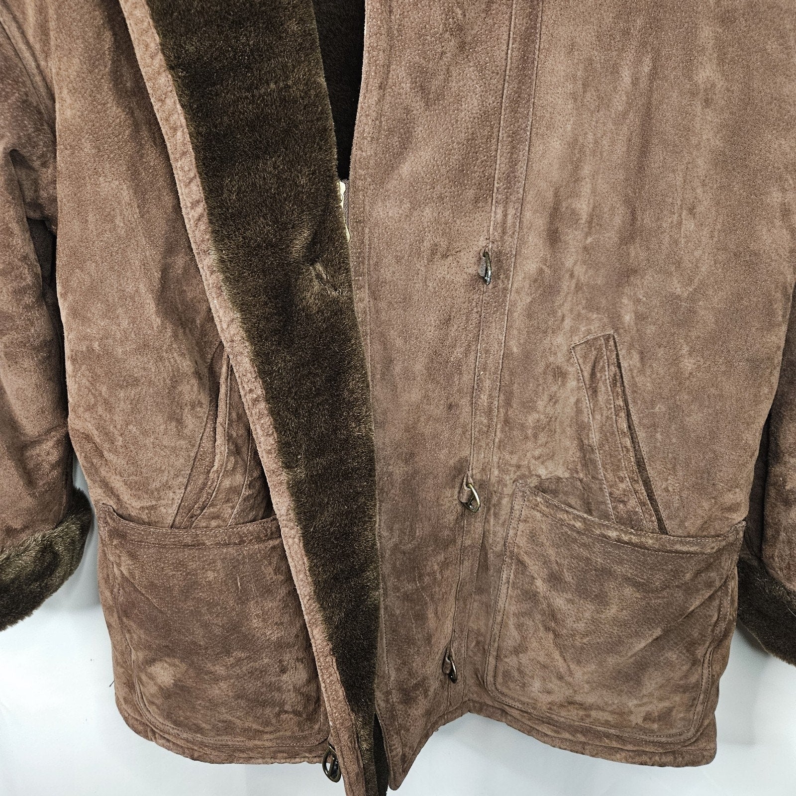 Vintage Synergy Oversized Leather Faux Shearling Coat Large Chocolate Brown