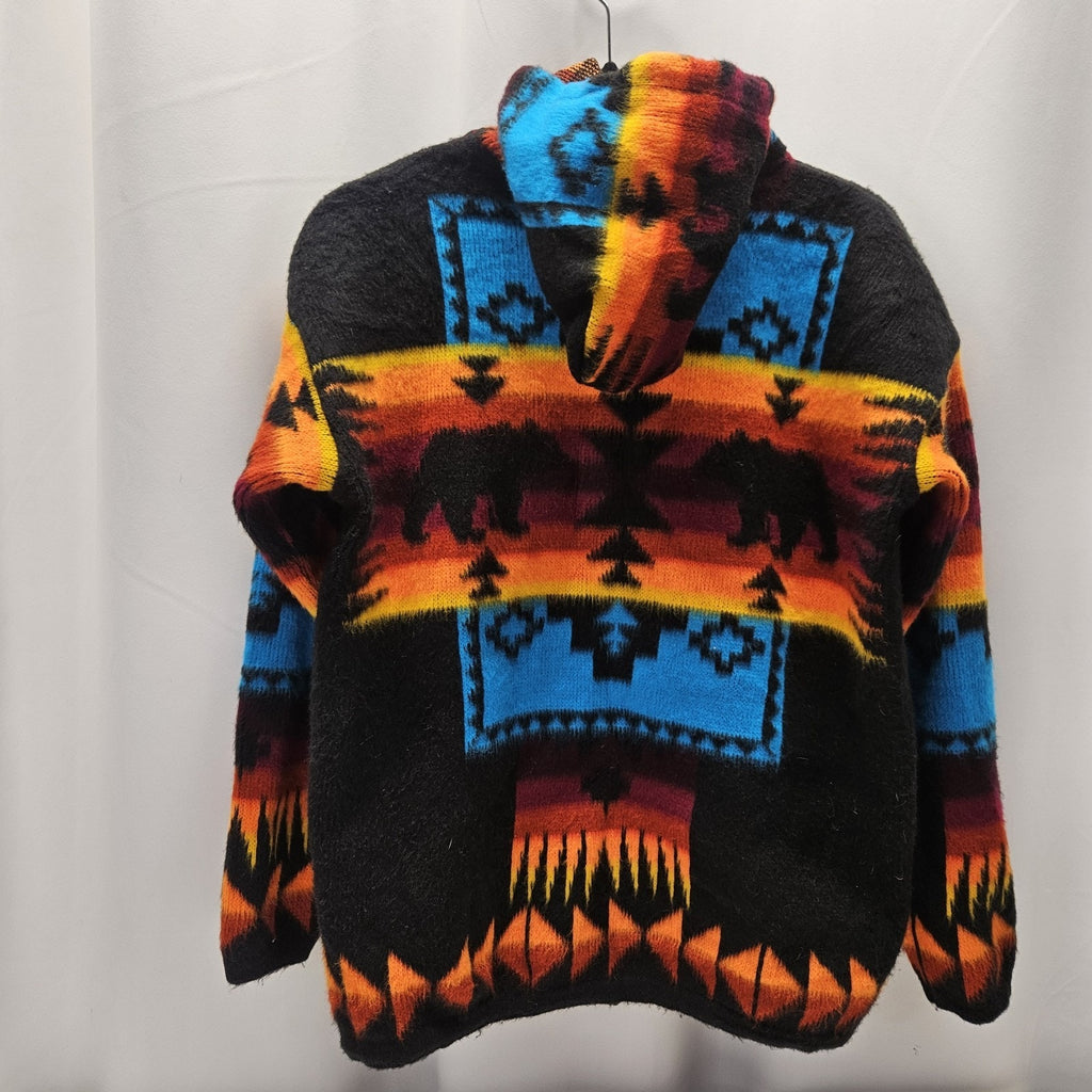 Artesanias 100% Wool Teal Aztec Southwest Full Zip Hooded Sweater Hoodie Small
