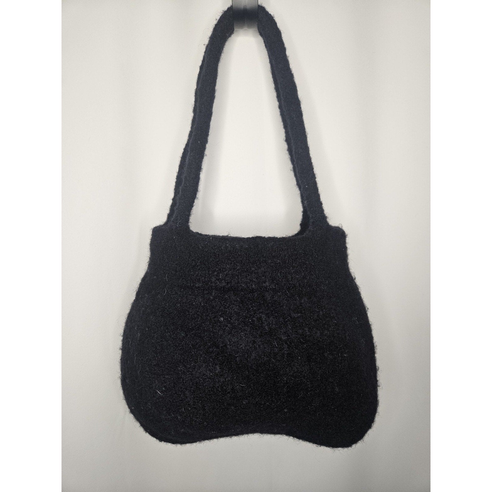 Vintage Wool Tote Bag Black w White Flower Accent Cottage Handbag Grannycore