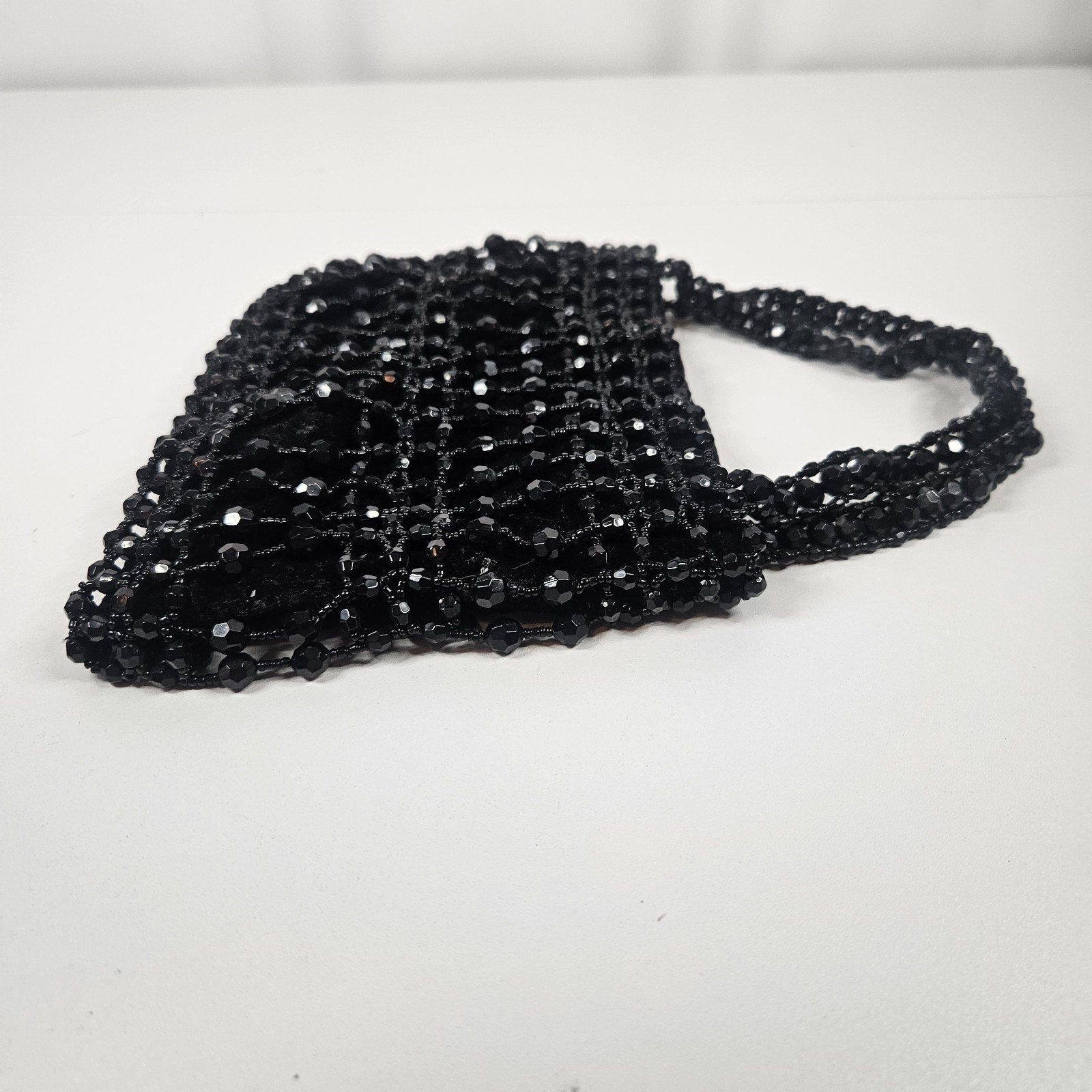 Vtg Black Beaded Drawstring Evening Bag Prom Formal 20s Flapper Accessory Purse