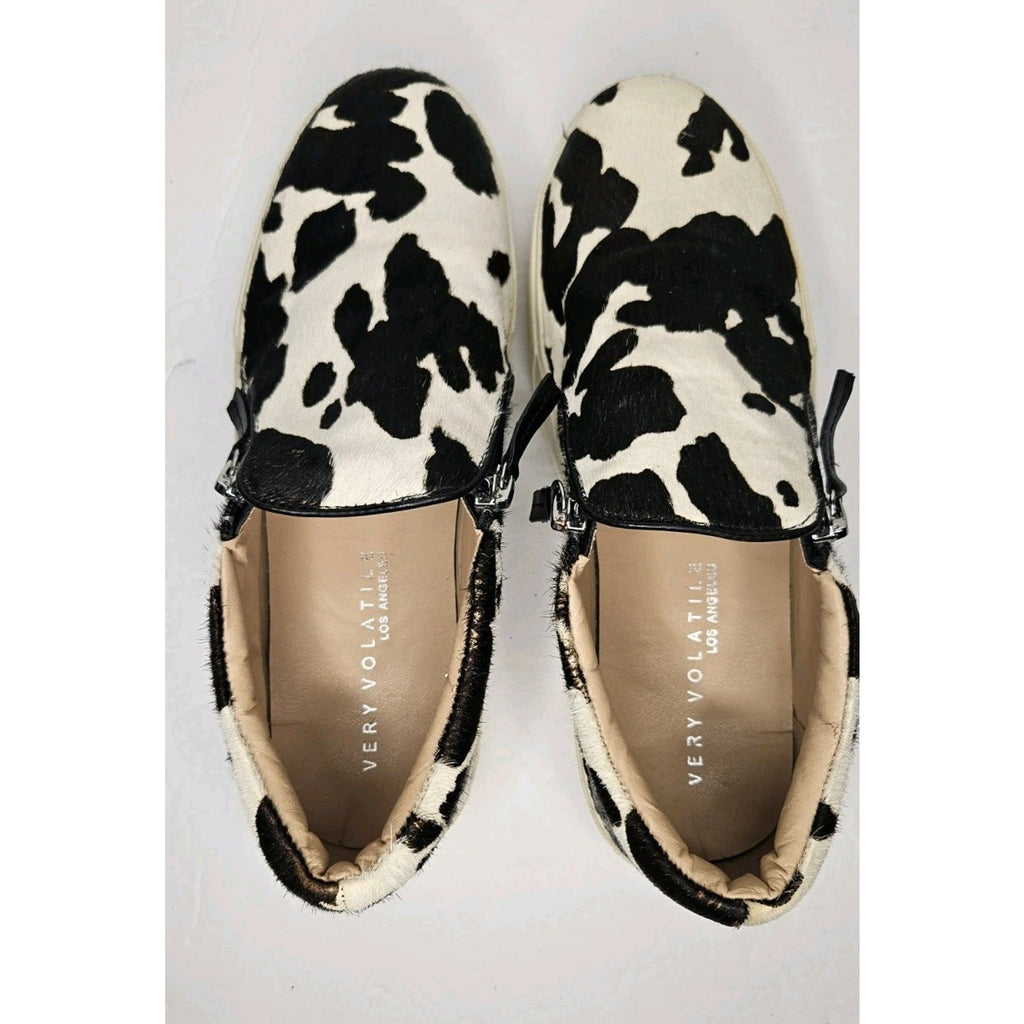 Very Volatile Women's Size 7.5 Normande Sneakers Black White Cow Print Real Fur