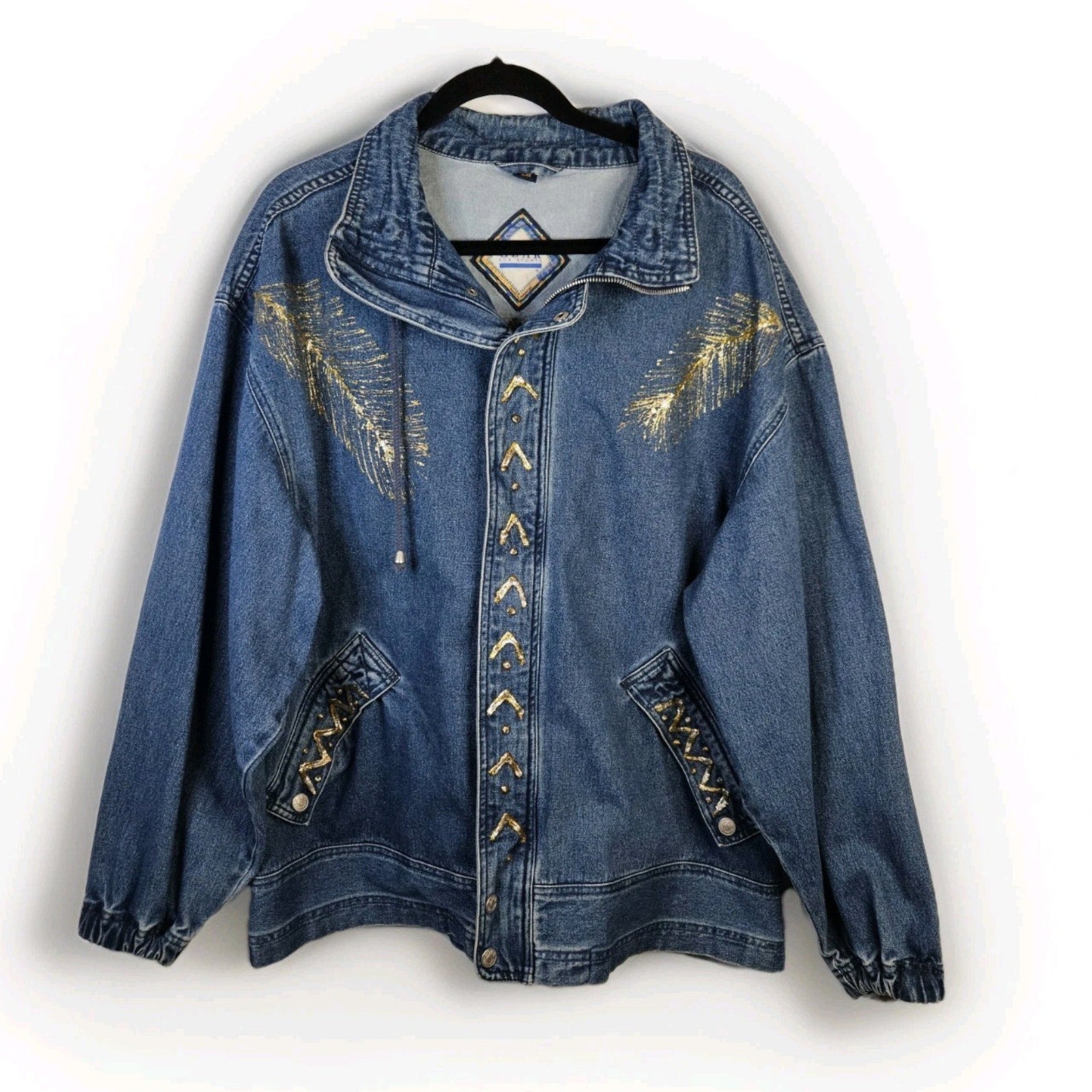 VTG 90s Coat Jacket Large Denim Oversized Puff Paint Embellished Southwestern