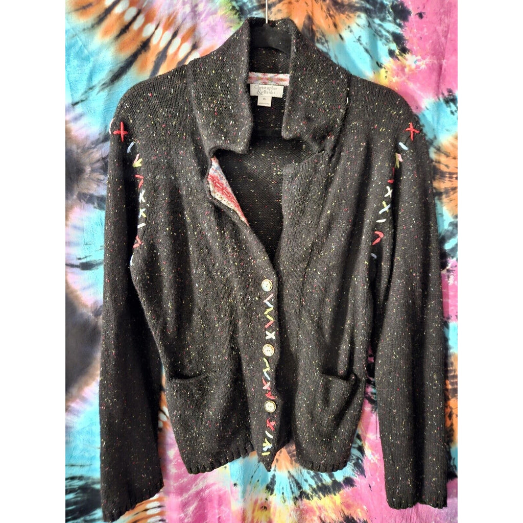 Christopher & Banks Black Confetti Button-Up Knit Sweater XL Stitch Ulgy Sweater