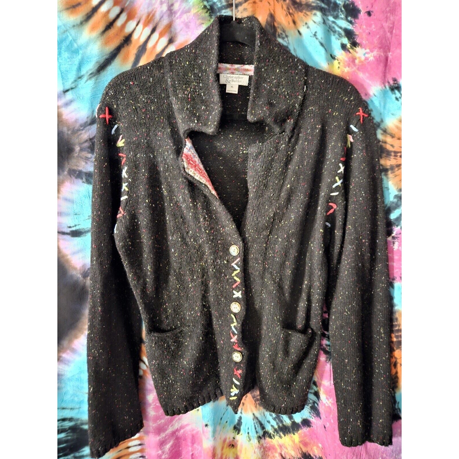 Christopher & Banks Black Confetti Button-Up Knit Sweater XL Stitch Ulgy Sweater