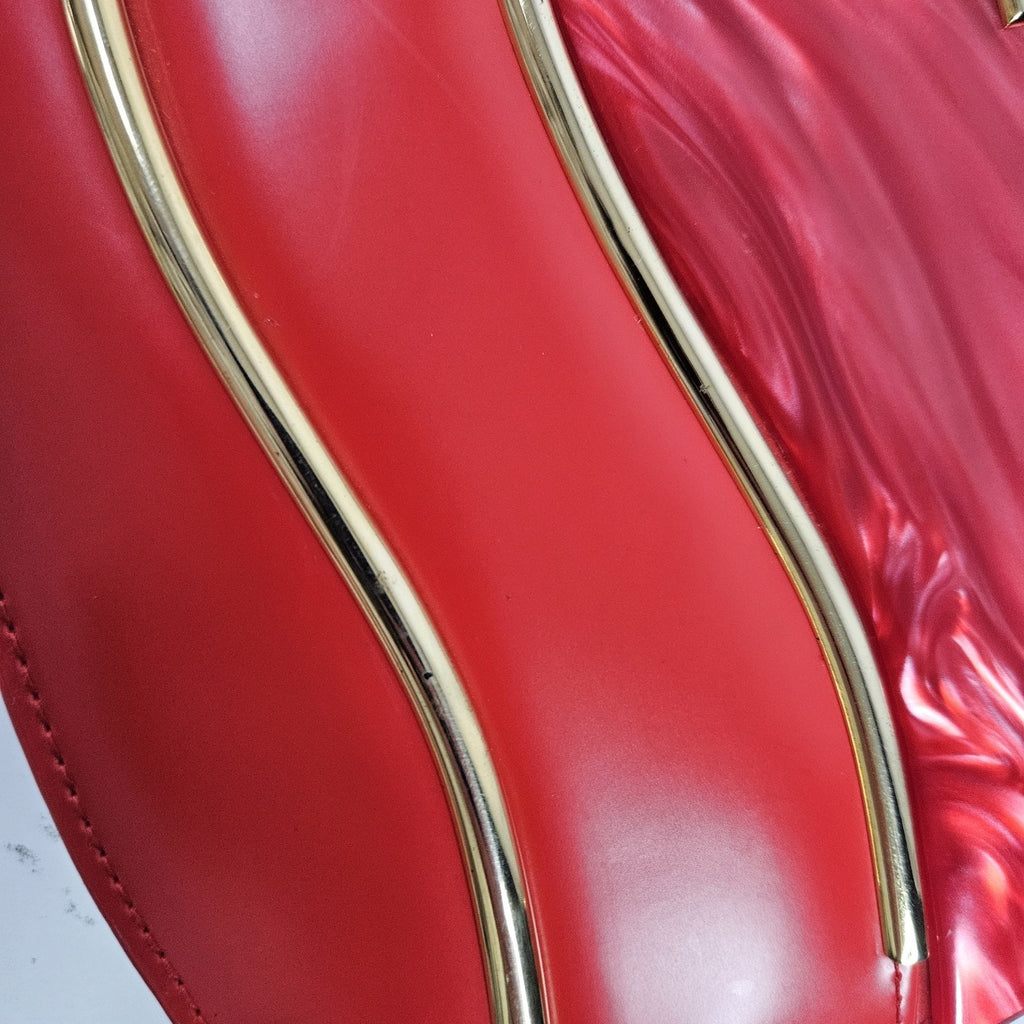 Retro Inspired Glossy Statement Handbag Red Gold Accents Acrylic Shoulder Purse