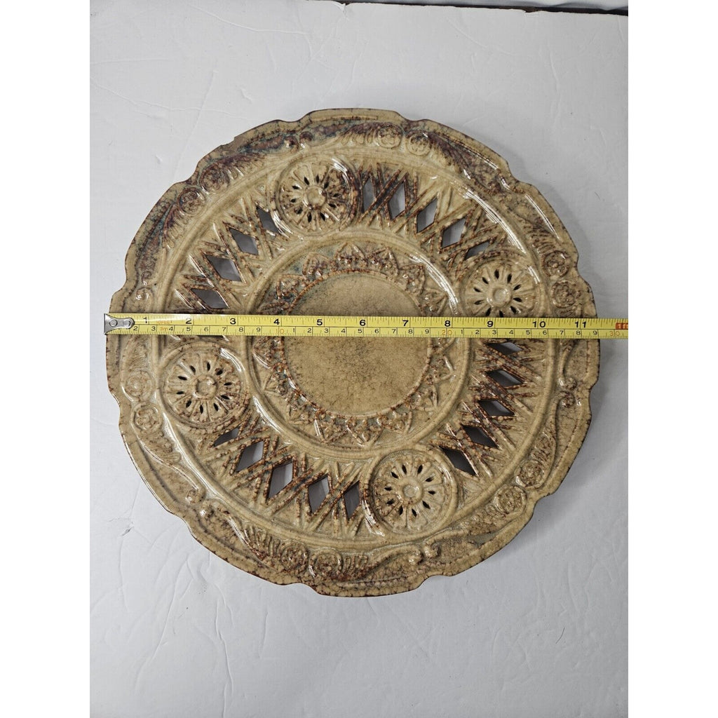 Art Pottery Glazed Vintage Ornate Plate 11.5 3729 Brown Tan