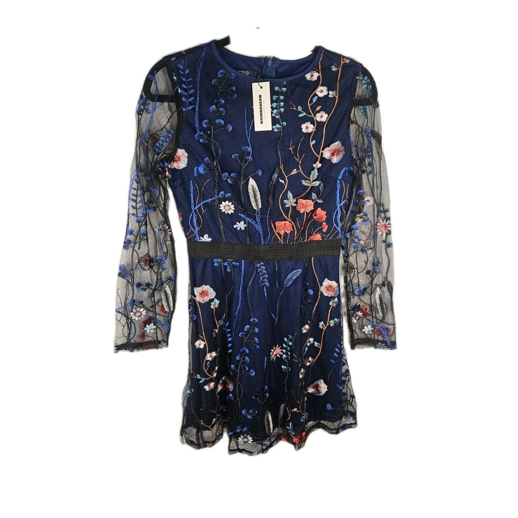 CBR Chic Boutique Rose Blue Solid Under Sheer Embroidered Floral Mini Dress NWT