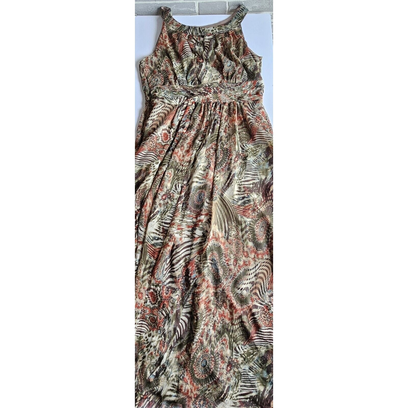 Perceptions New York Green Brown Tan Sleeveless Long Ruched Waist Poly Dress 14