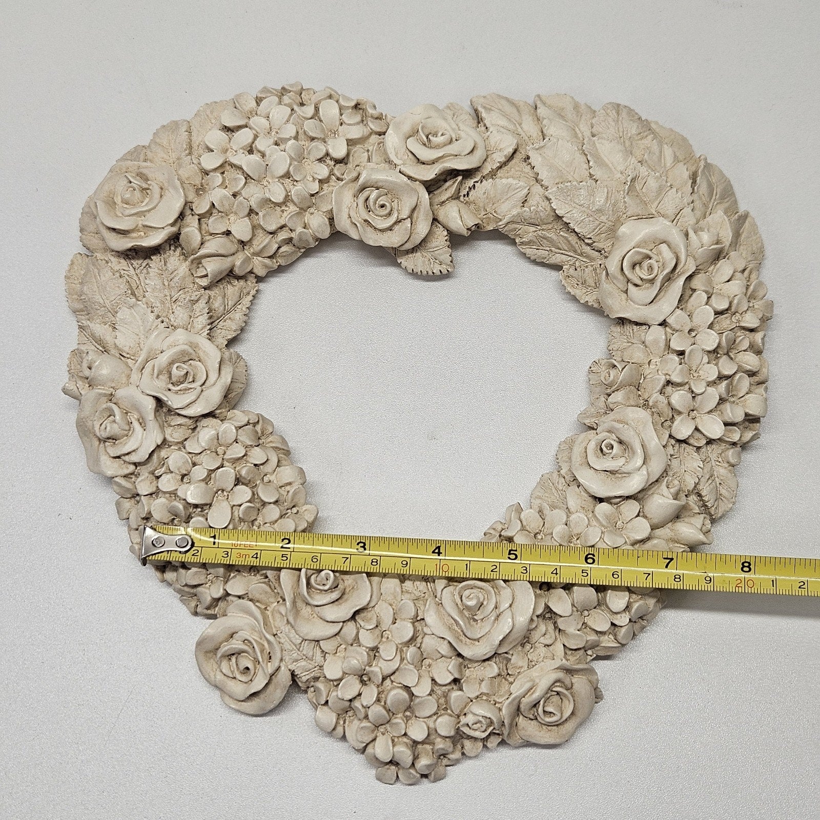 Vintage 90s Resin Floral Heart Hydrangea Wreath Wall Hanging Cottage Shabby Chic