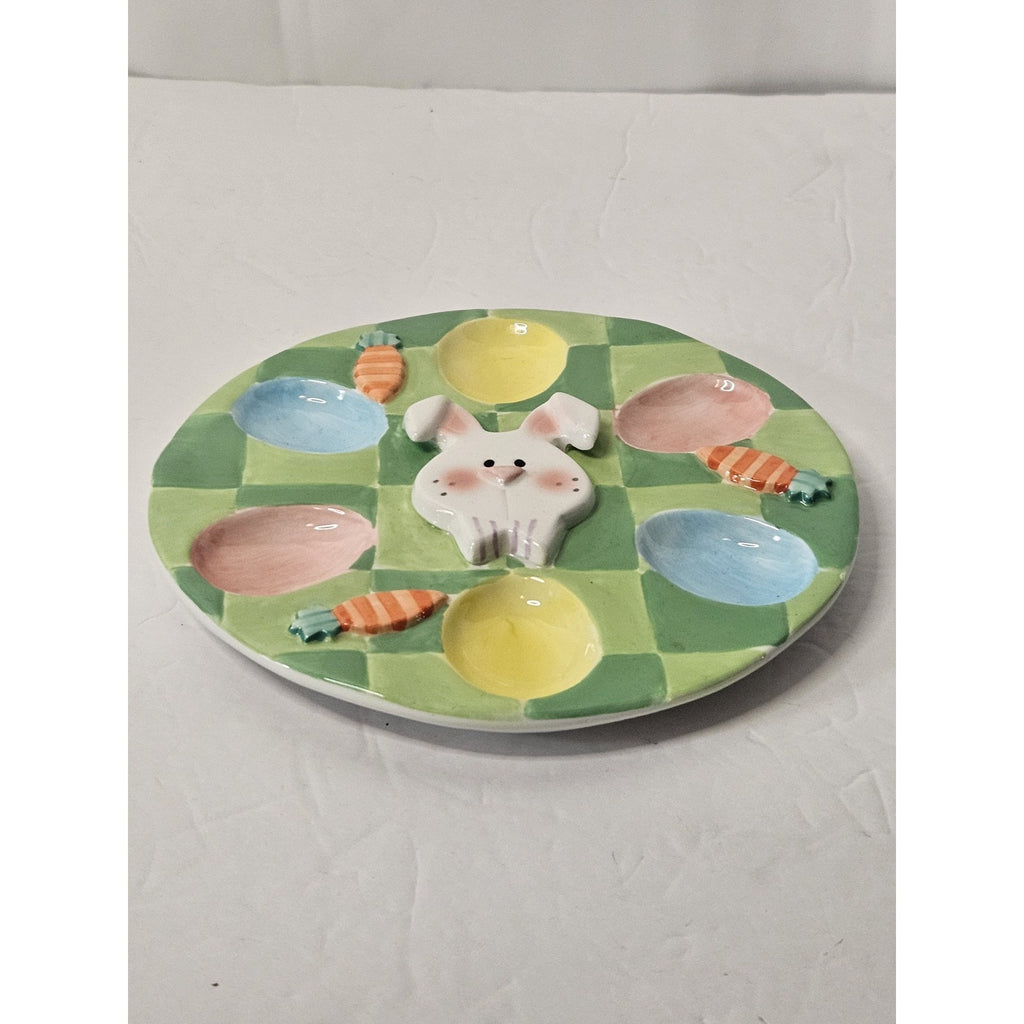 Easter Bunny 7 Carrots Egg Plate Holds 6 Eggs 7" Round Colorful Ceramic Easter