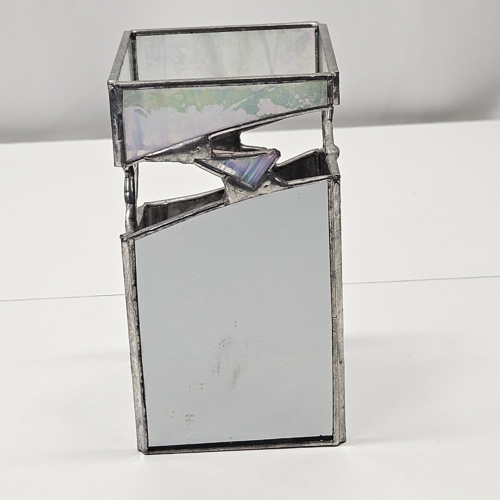 Vintage Leaded Beveled Stained Glass Candle Holder Votive Open Bottom Abstract