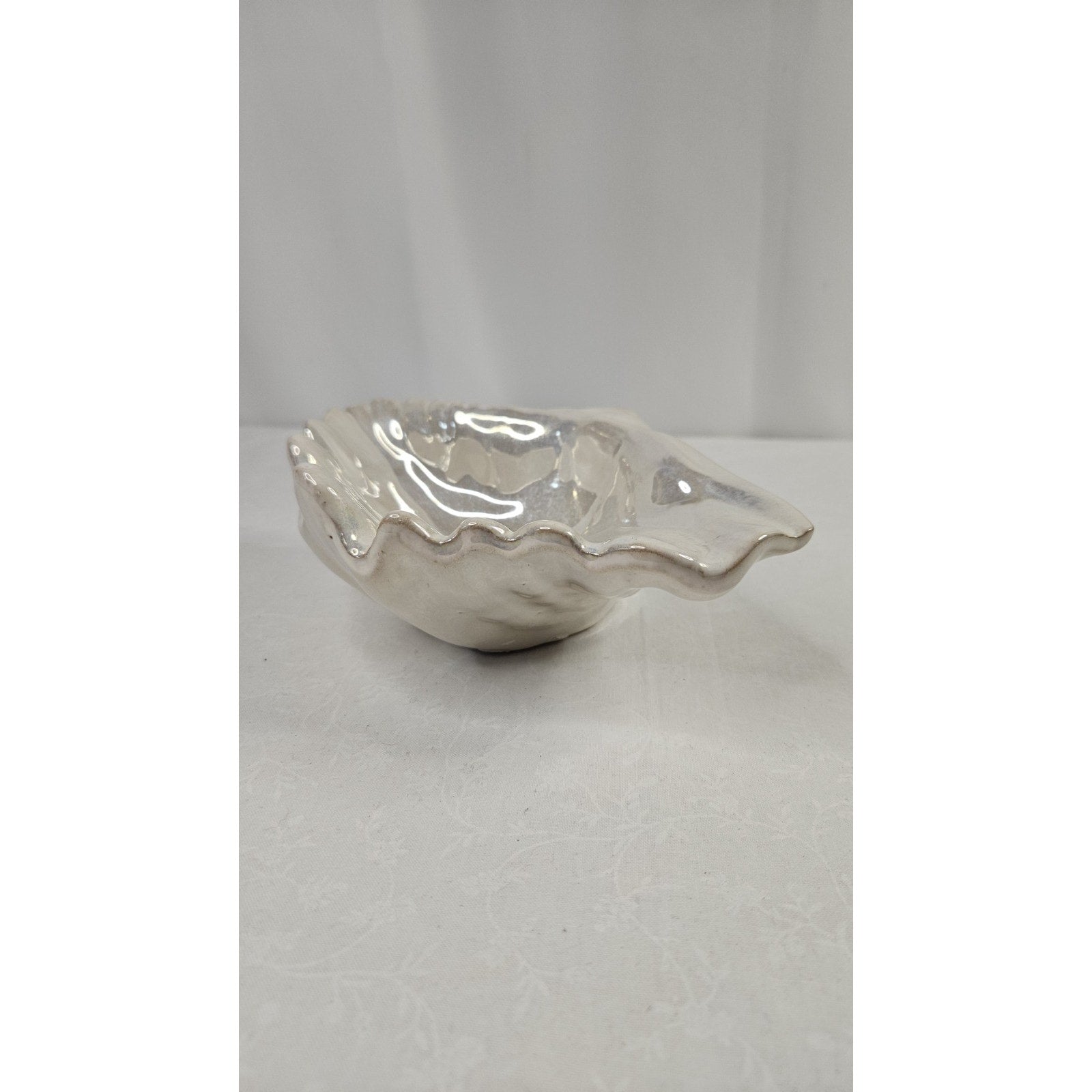Hand Blown Opalescent Shell Art Glass Bowl White Rainbow Mid Century Beach
