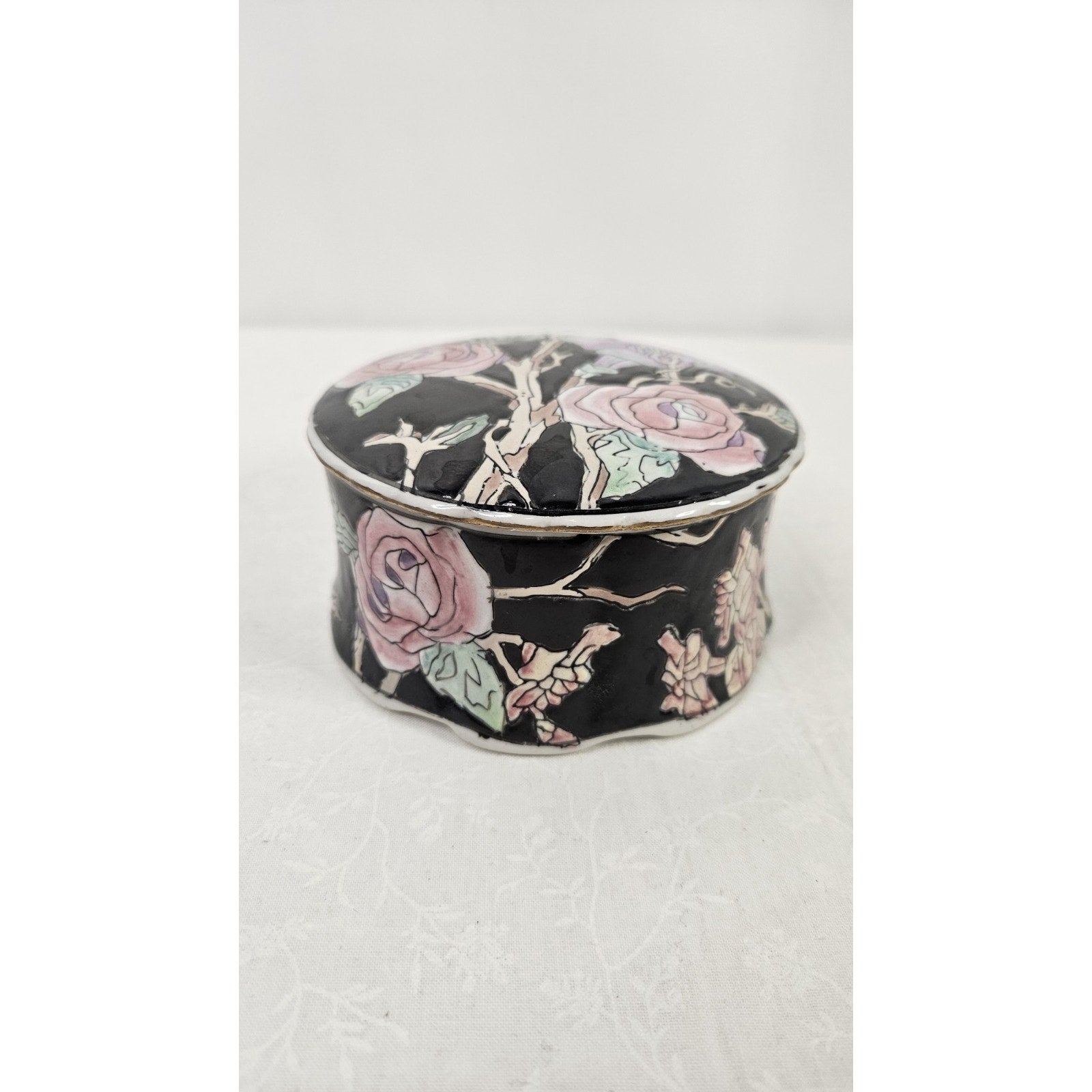 Vintage Toyo Powder Box Vintage Trinket Box Black Floral Cottage Core 4.5"