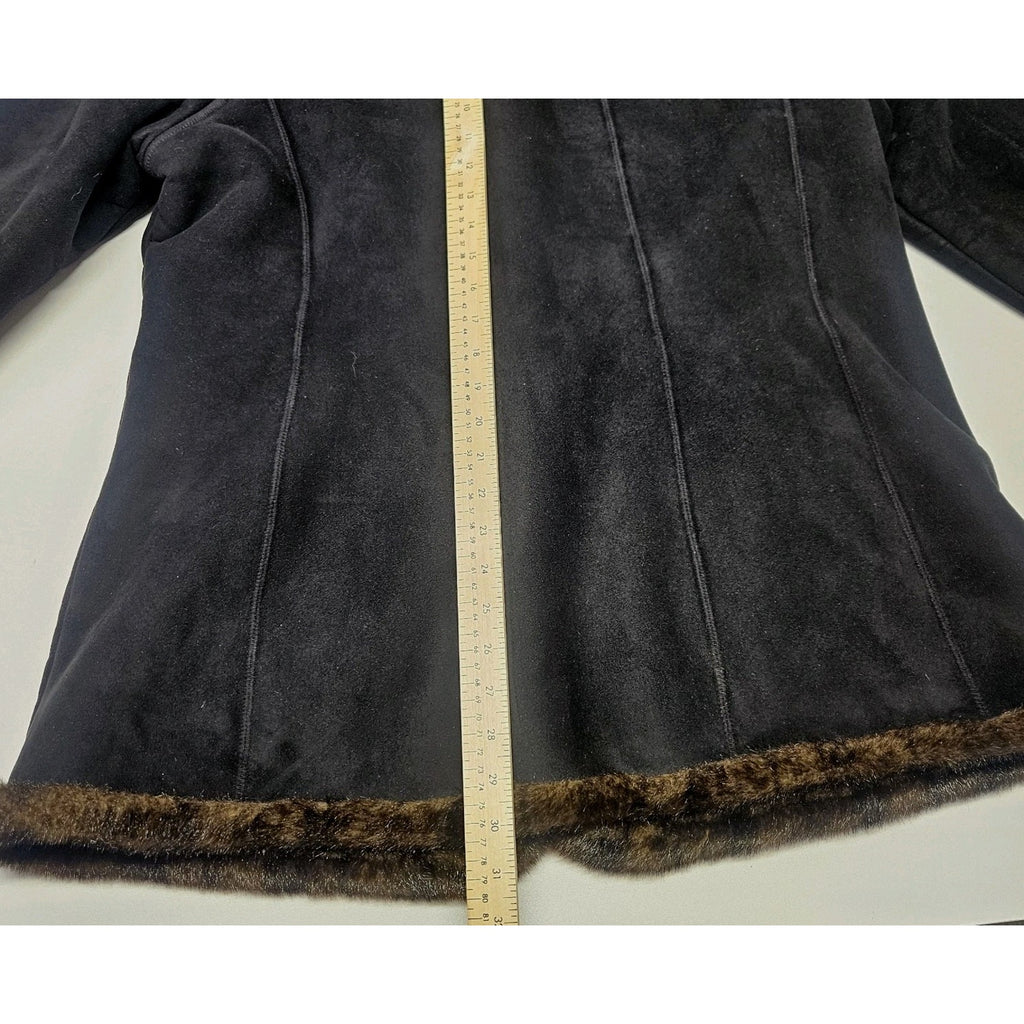 Vtg Y2K Jones New York Womens XL Black Faux Suede Coat Faux Fur Trim Retro Style