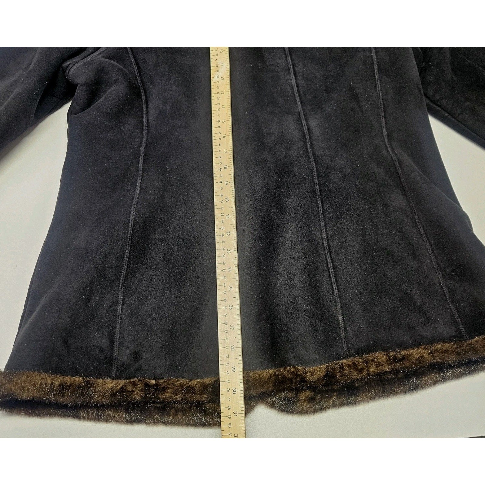 Vtg Y2K Jones New York Womens XL Black Faux Suede Coat Faux Fur Trim Retro Style