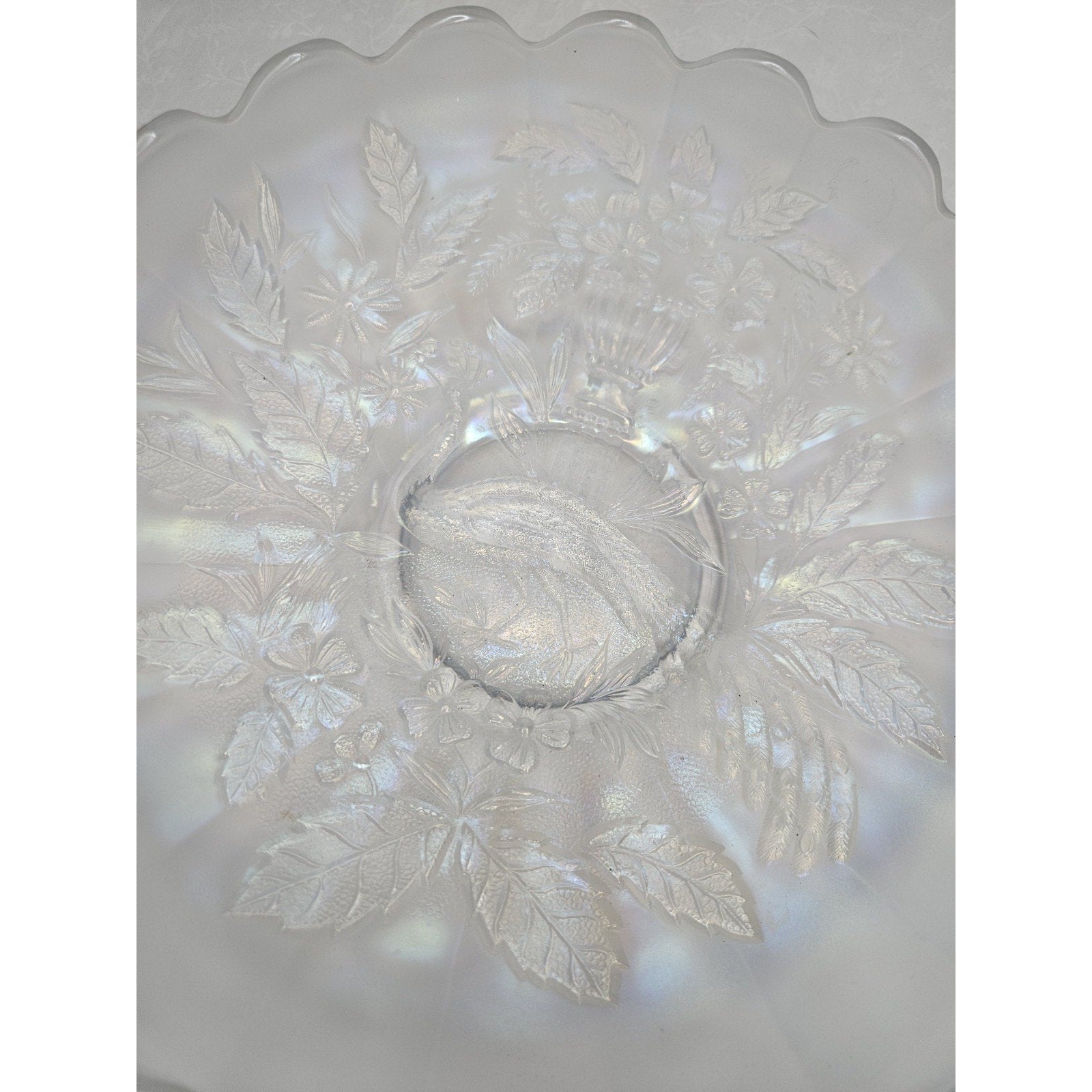 White Northwood Carnival Glass Peacock & Urn Large Bowl Ice Blue Cream Bowl 10in