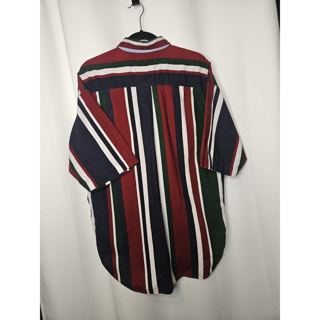 Colorwear America Button Up Shirt Adult Green Red White Stripped Short Sleeve XL