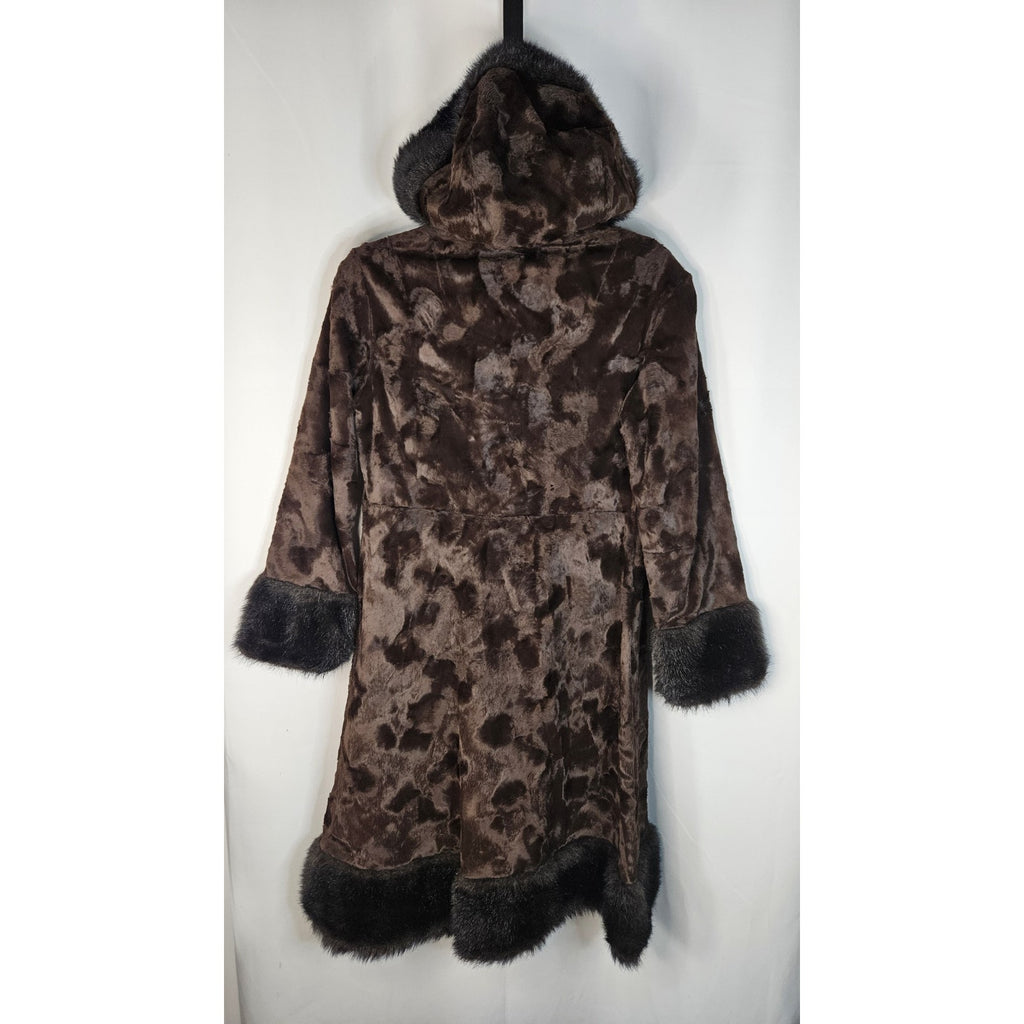 Vintage Union Made Faux Fur Coat Chocolate Brown Mod Full Length Size Small Glam
