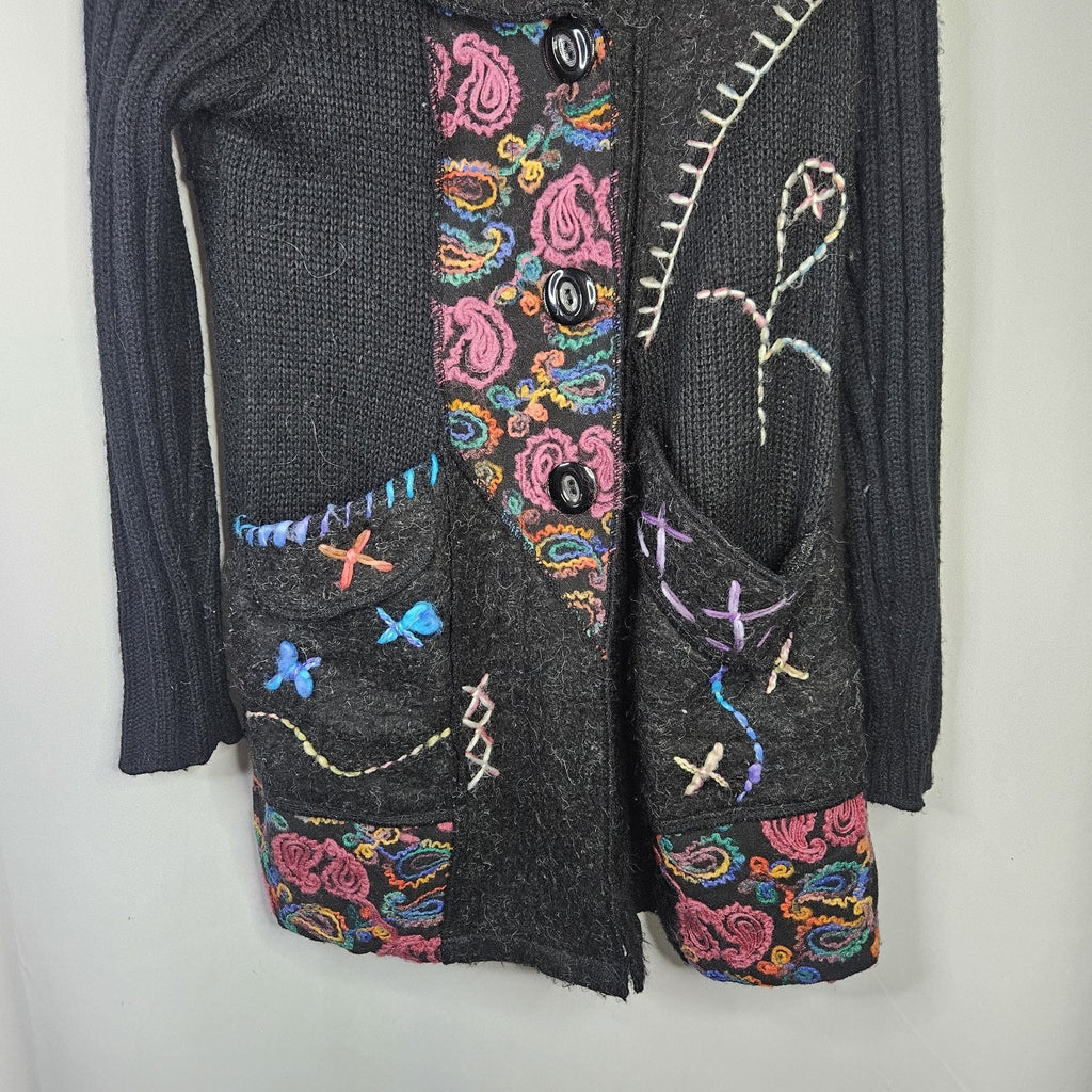 Liquid By Sioni Black Knit Wearable Art Wool Mohair Sweater Cardigan Boho Medium