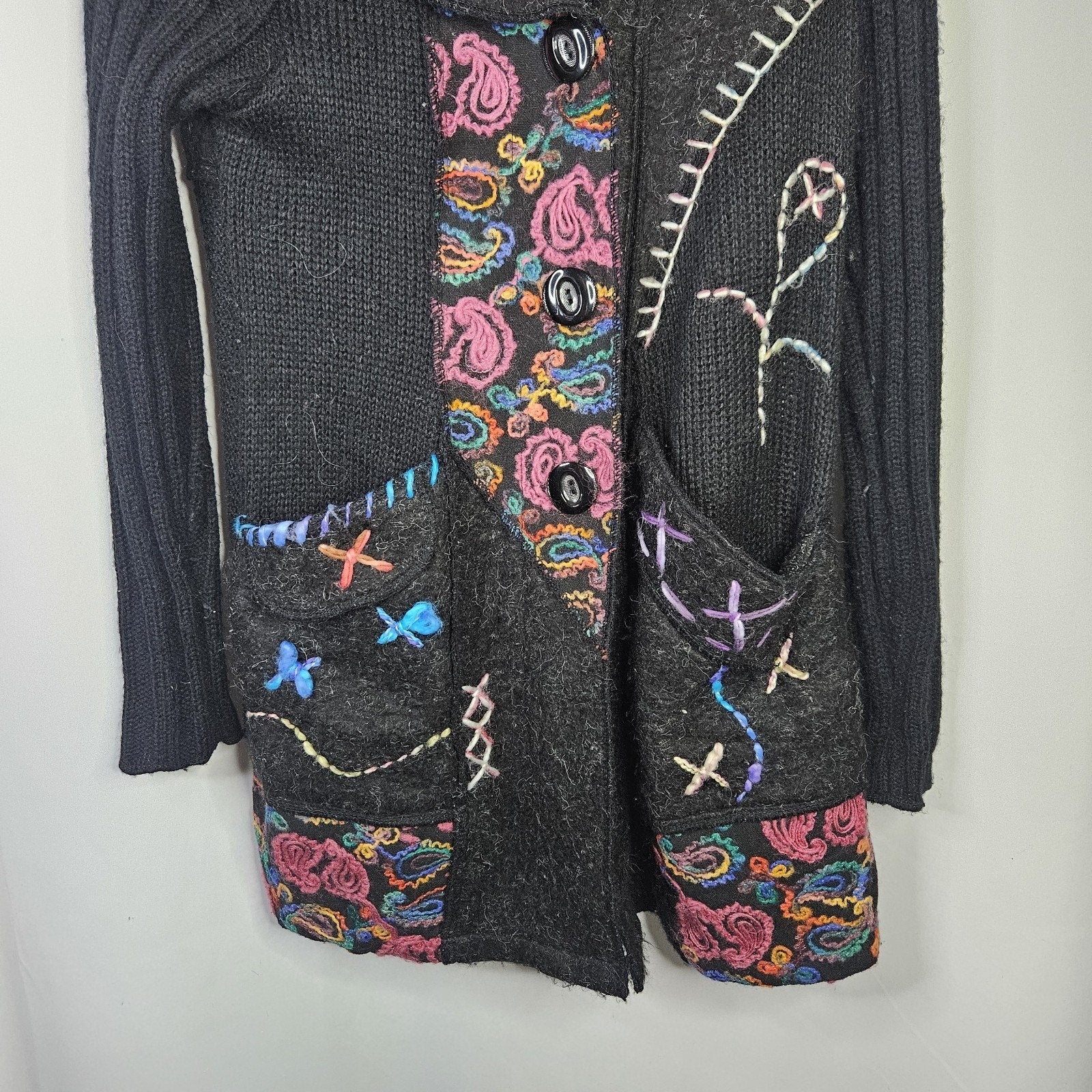 Liquid By Sioni Black Knit Wearable Art Wool Mohair Sweater Cardigan Boho Medium