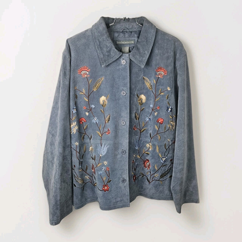Jessica Holbrook Jacket Womens 1X Blue Suede Leather Floral Embroidered Artsy